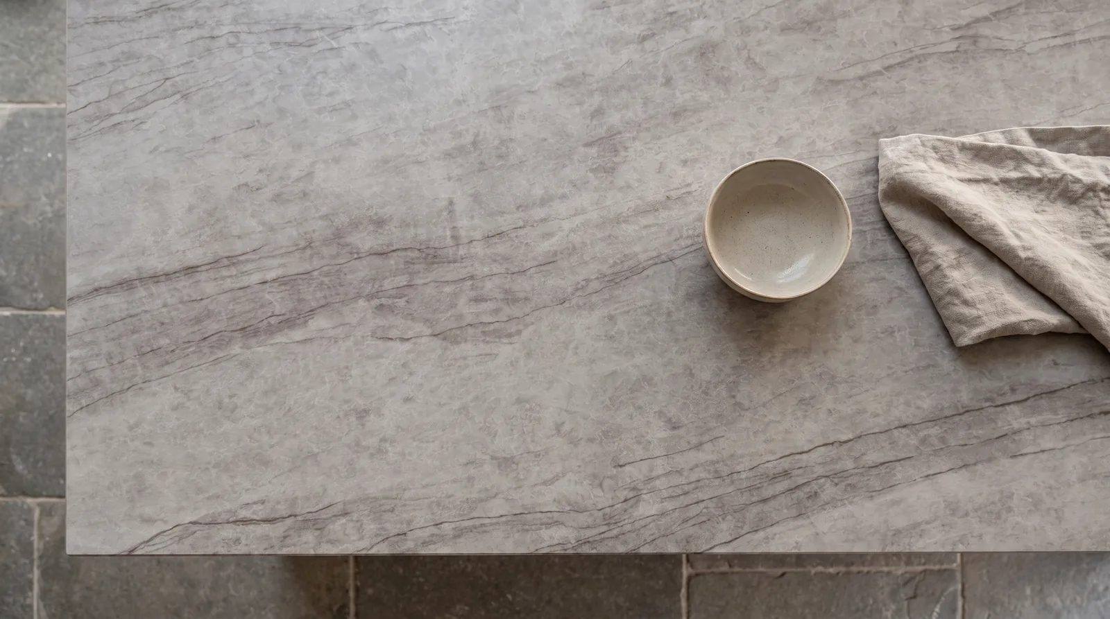 Taj Mahal Supreme 3D NobleStone worktop in an overhead kitchen view