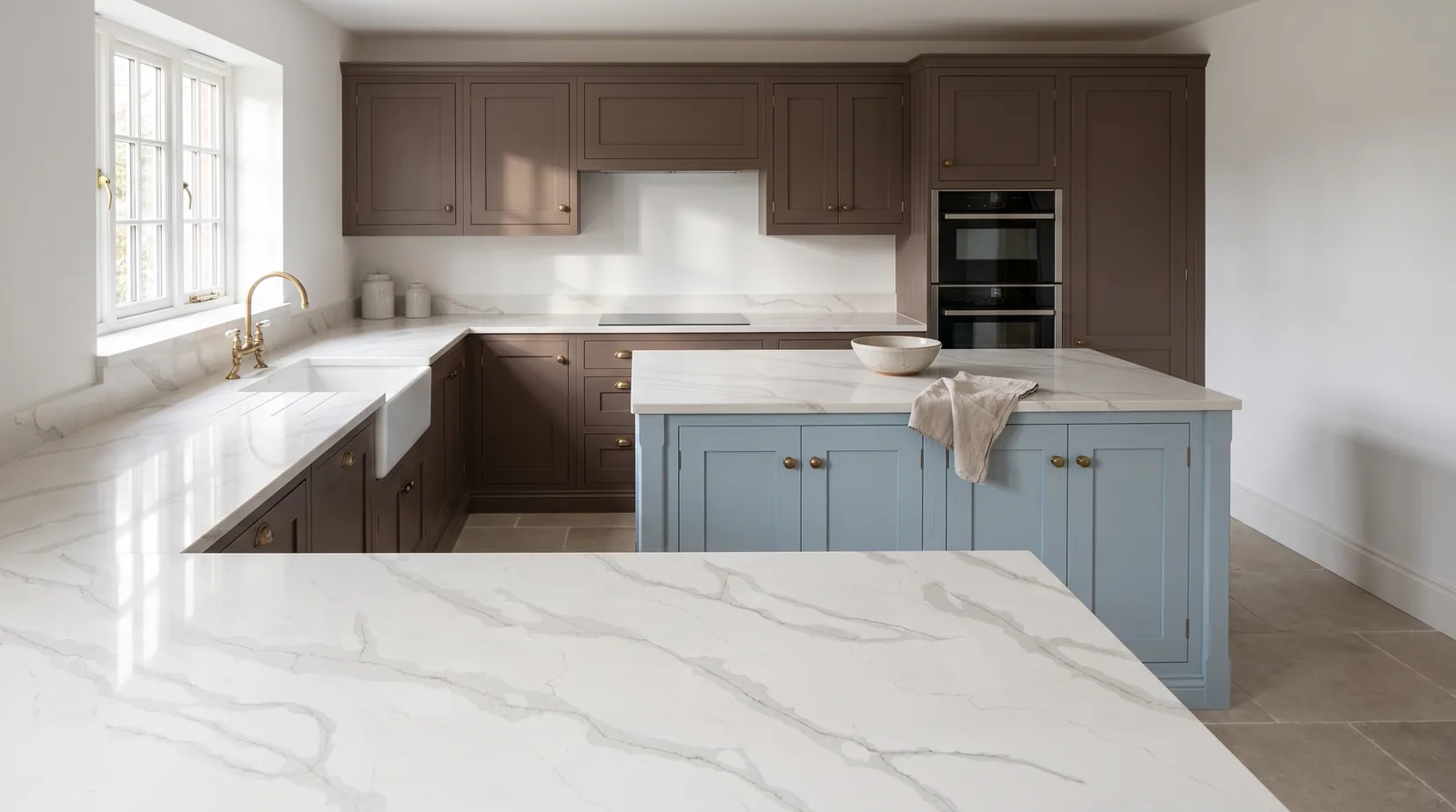 Tala (Gold) Shimmer NobleStone worktop in a wide kitchen view