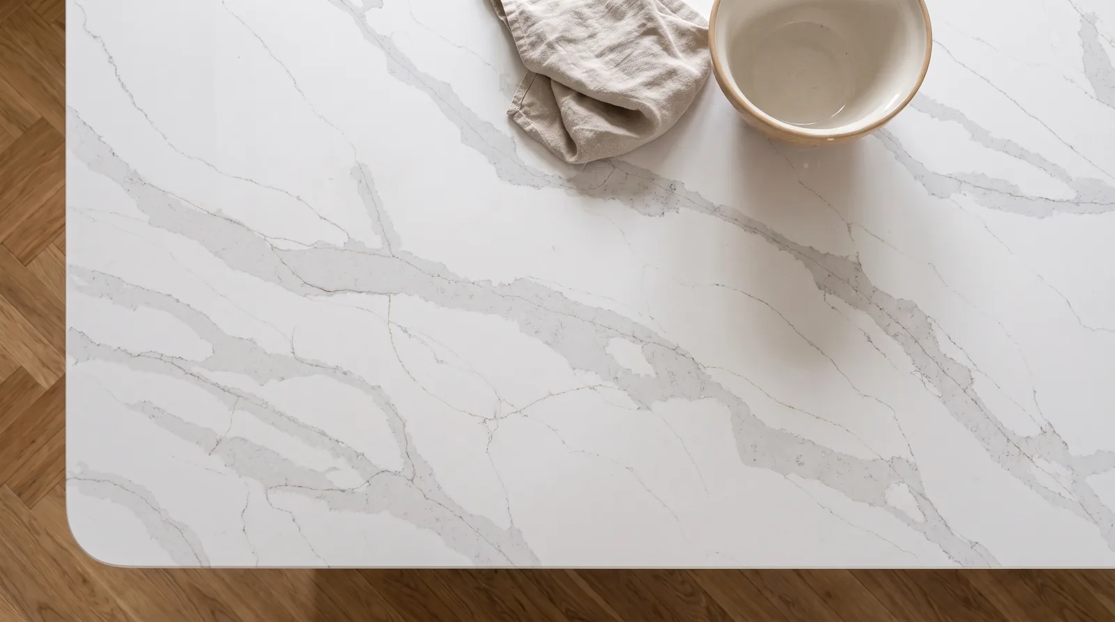 Tala (Gold) NobleStone worktop in an overhead kitchen view