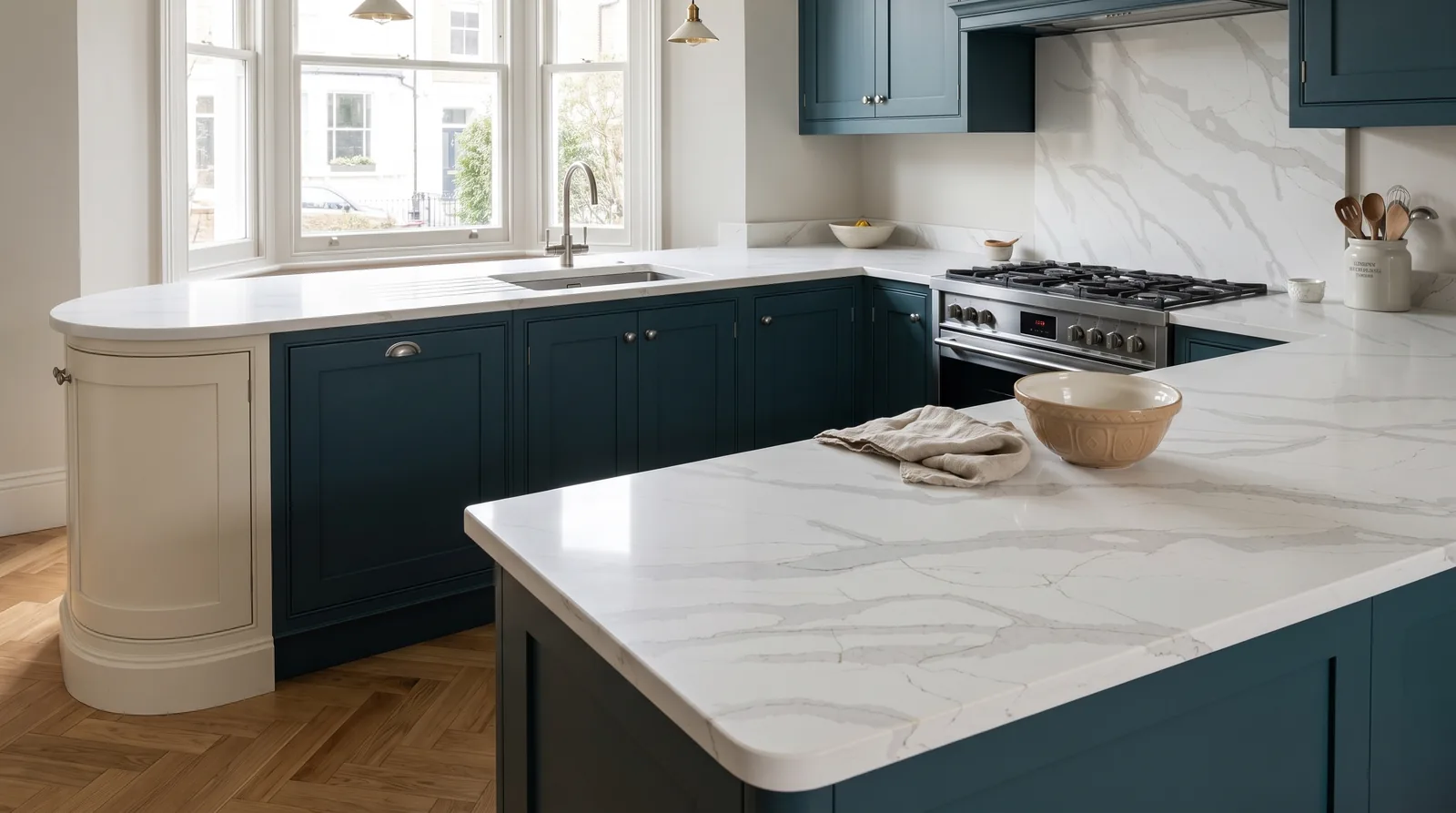 Tala (Gold) NobleStone worktop in a wide kitchen view