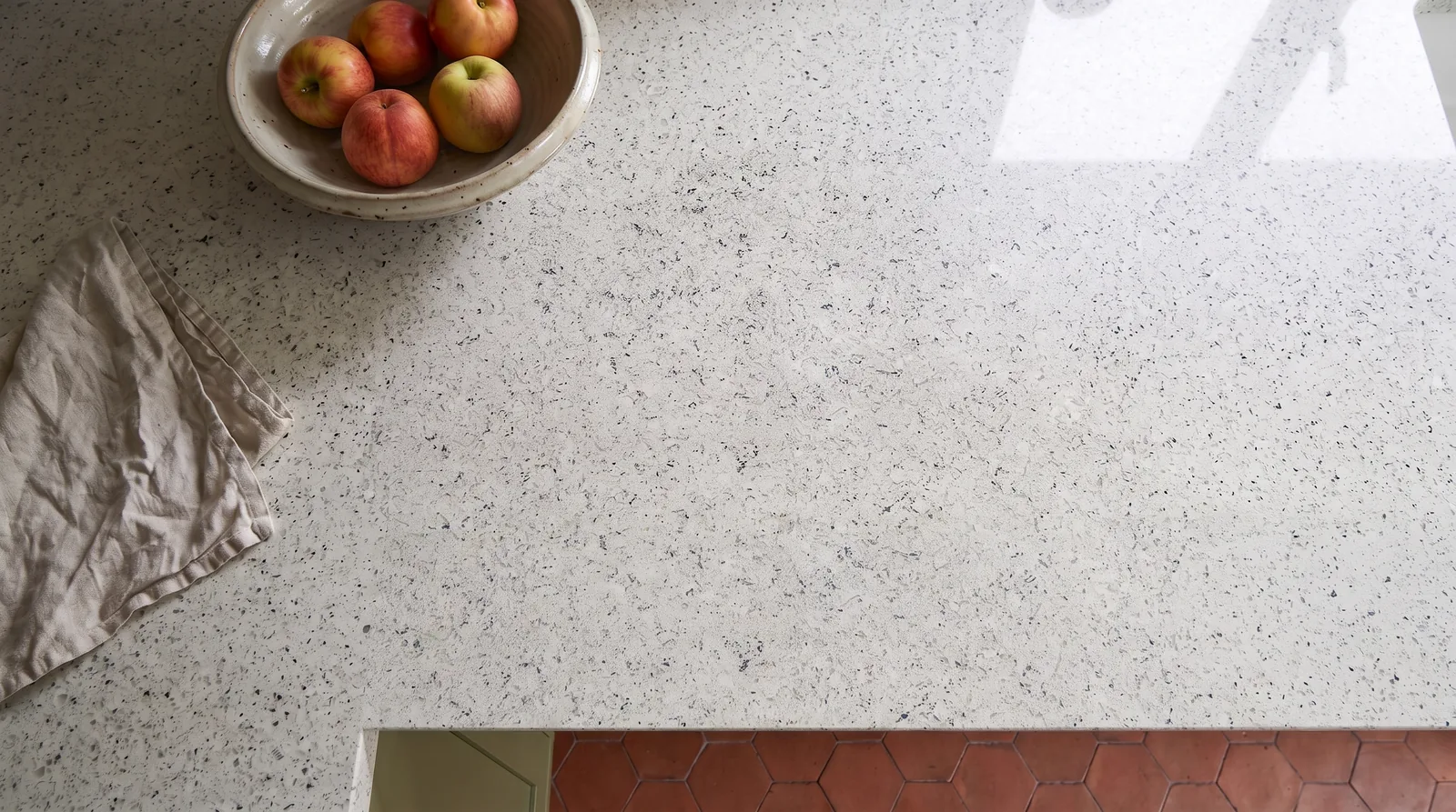Tiger NobleStone worktop in an overhead kitchen view