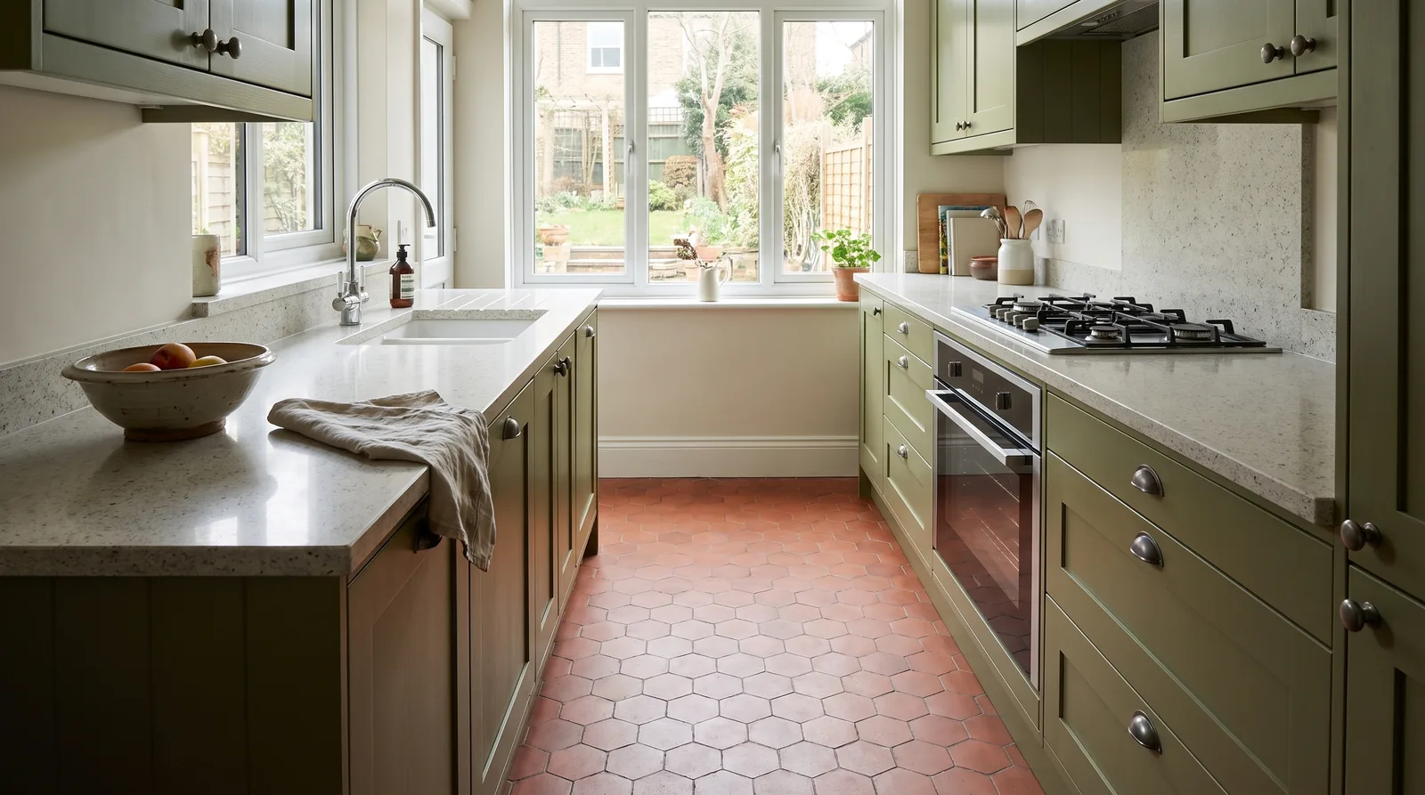 Tiger NobleStone worktop in a wide kitchen view