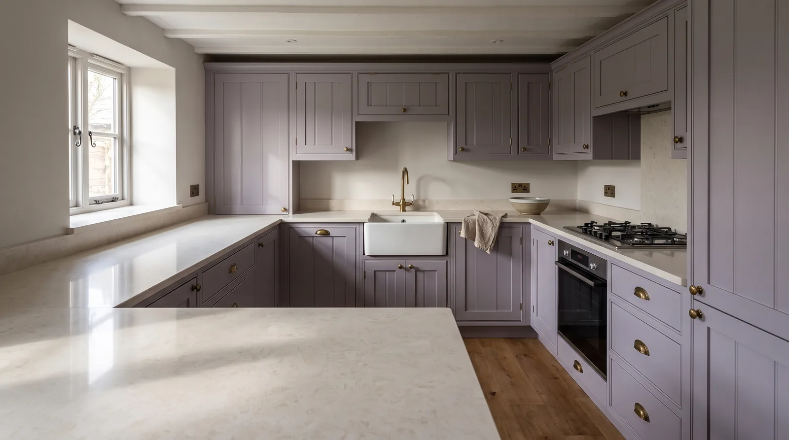 Vanilla NobleStone worktop in a wide kitchen view