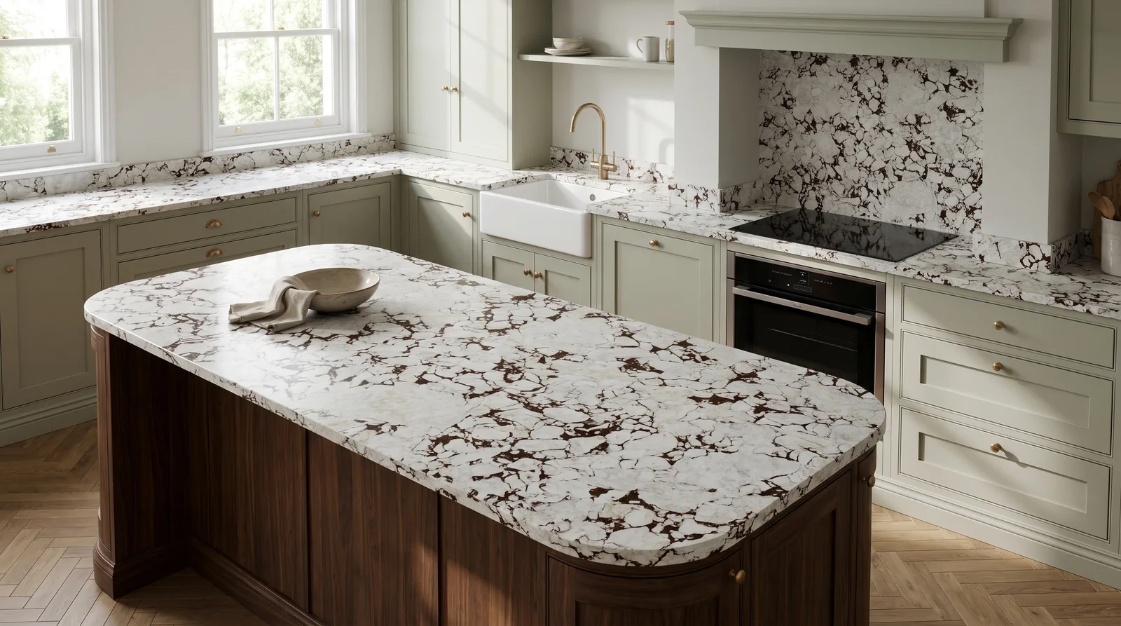 Viola NobleStone worktop in a wide kitchen view