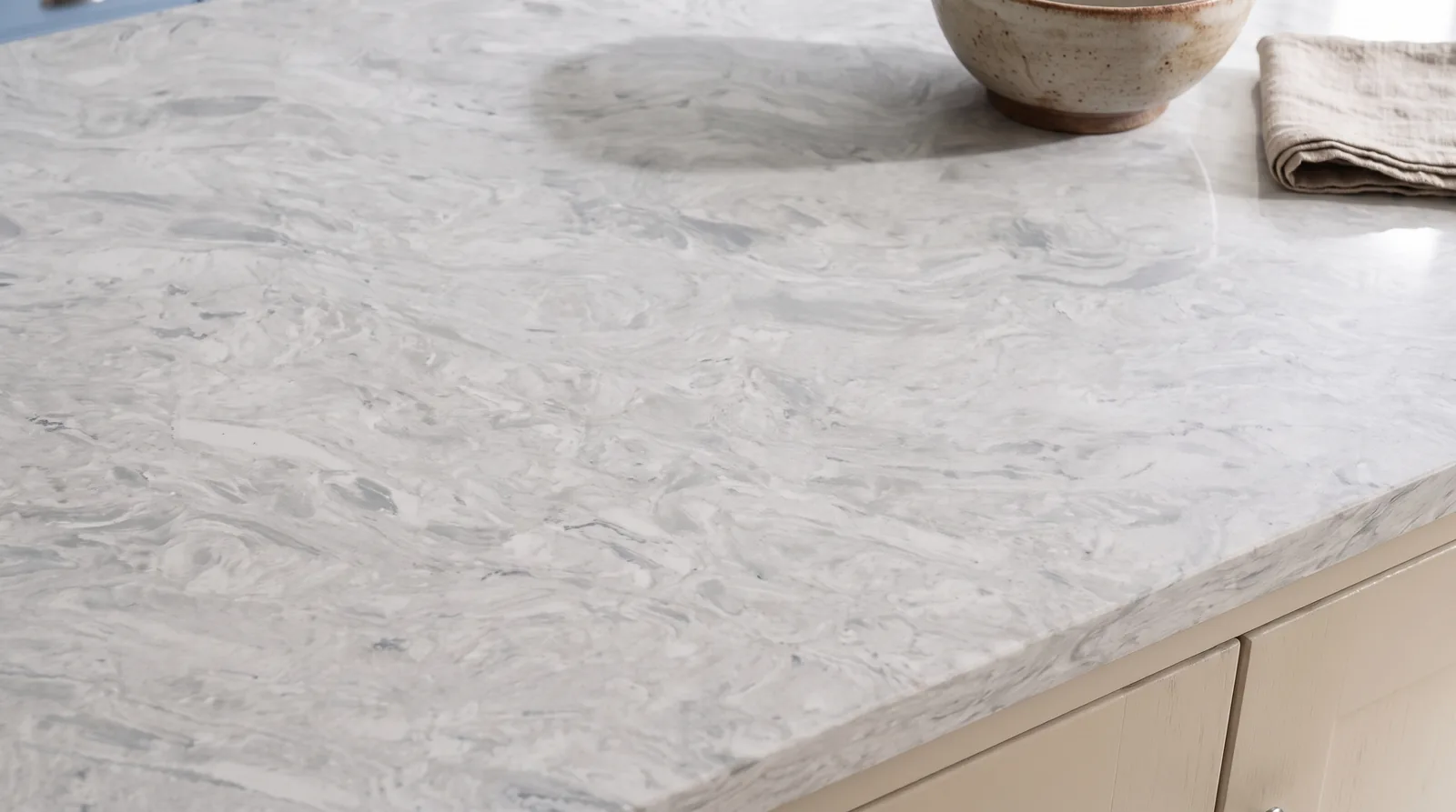 White Fusion NobleStone worktop in a close kitchen detail view