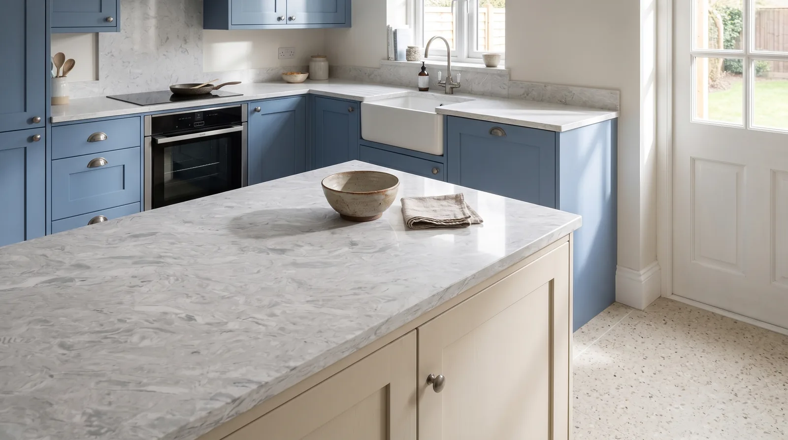 White Fusion NobleStone worktop in a wide kitchen view