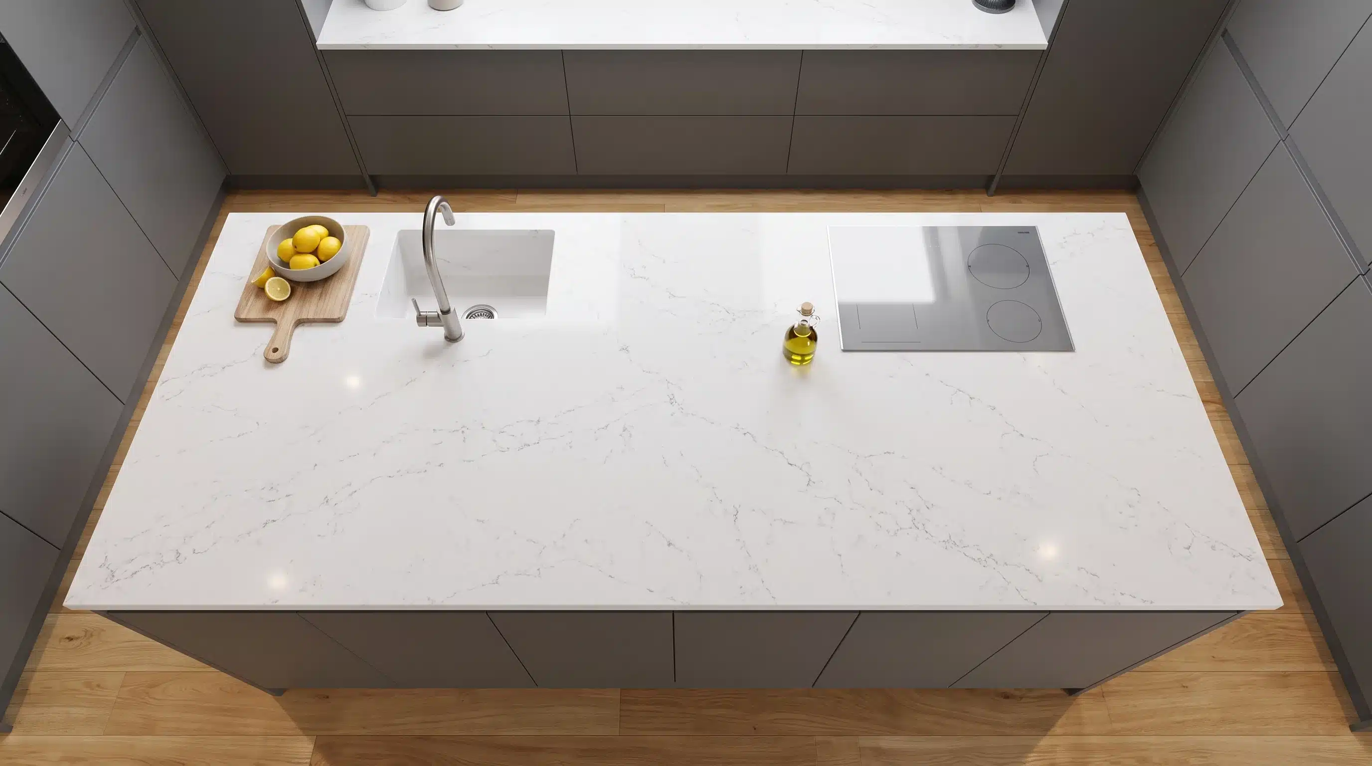 Overhead view of Elysee CQ1101 quartz worktop in a fitted kitchen