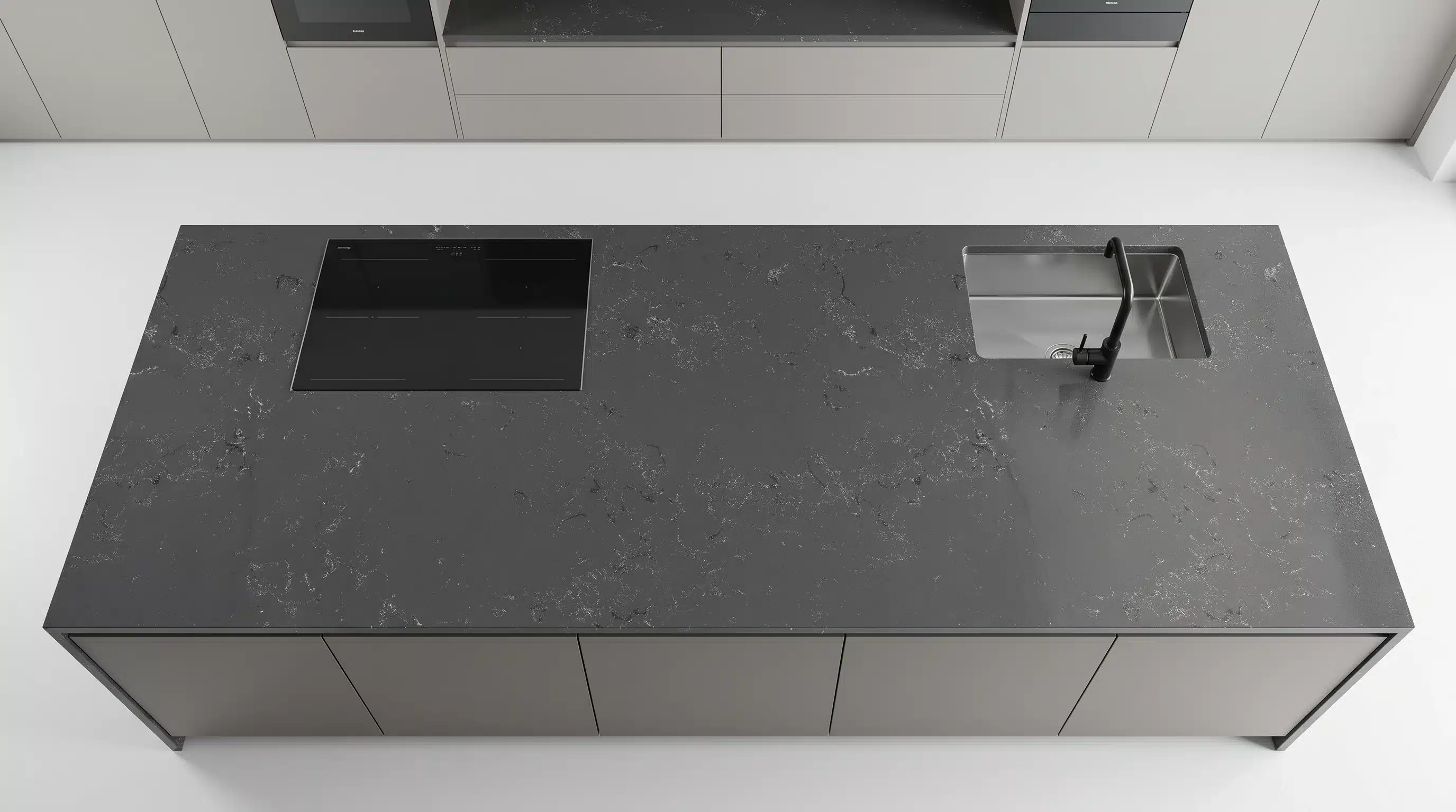 Overhead view of Milet CQ3312 quartz worktop in a fitted kitchen