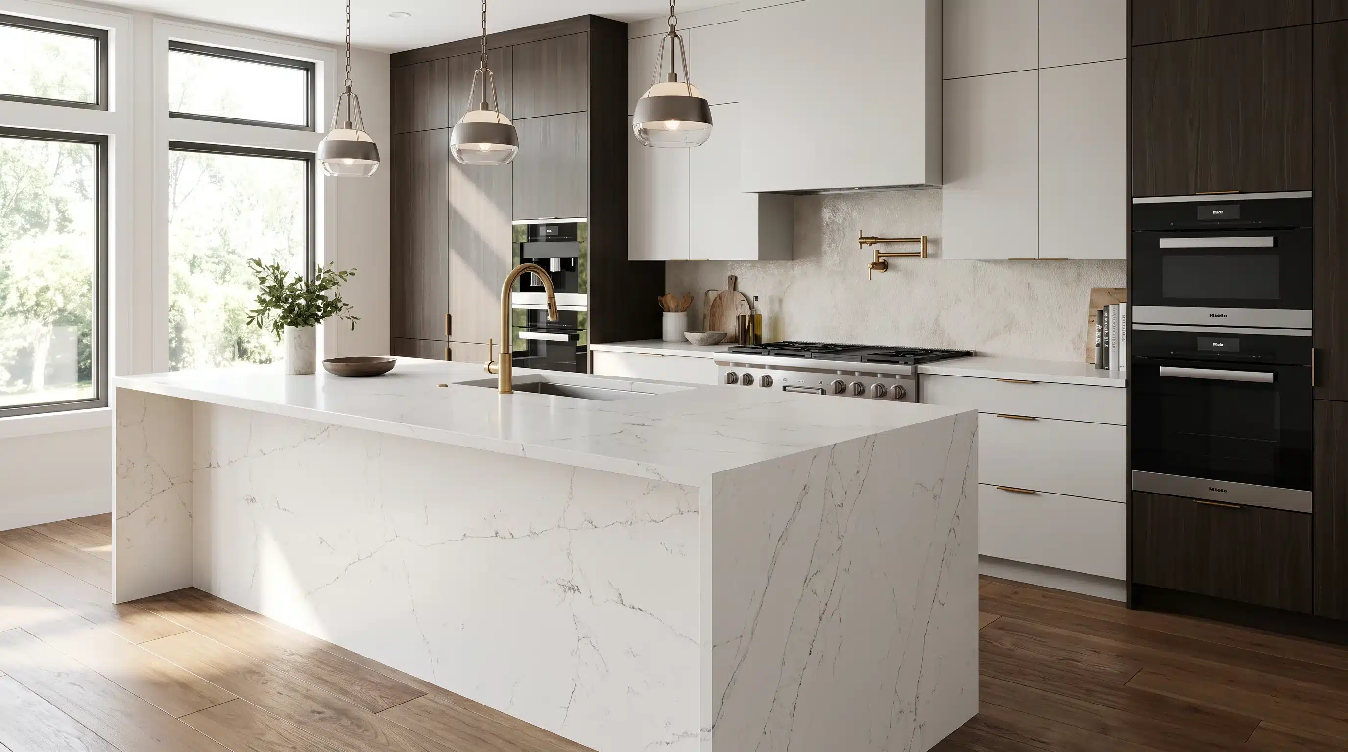 Calacatta Miranda CQ7707 quartz worktop in a wide-angle kitchen setting