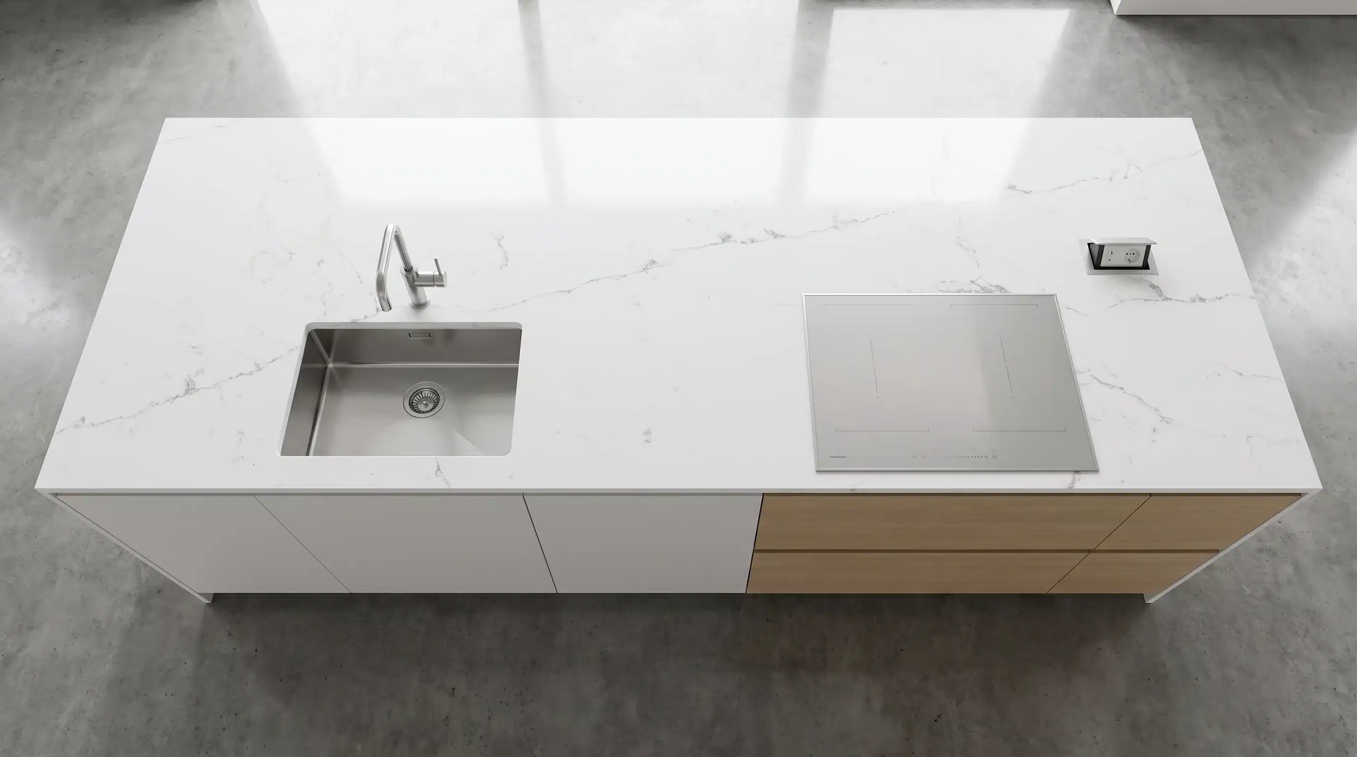 Overhead view of Calacatta Miranda CQ7707 quartz worktop in a fitted kitchen