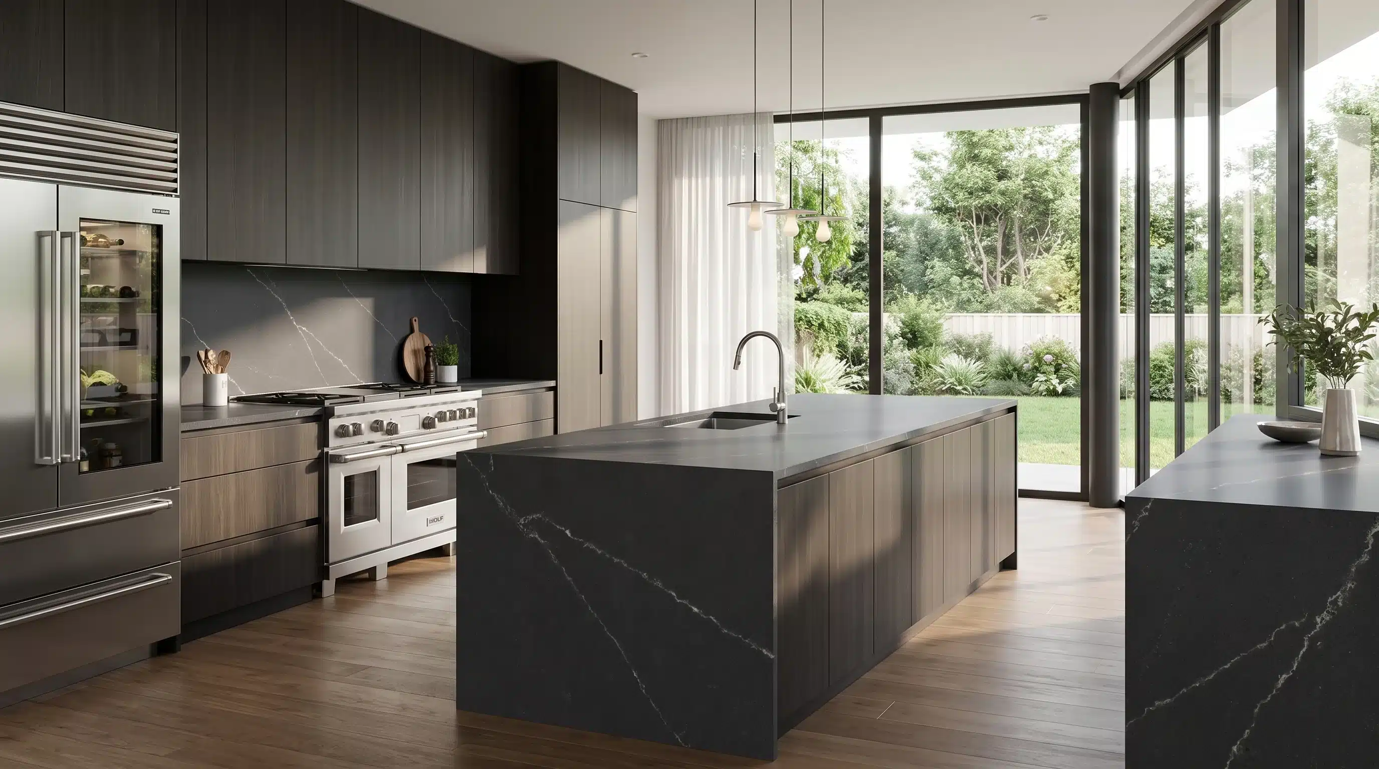 Zenit CQ7709 quartz worktop in a wide-angle kitchen setting