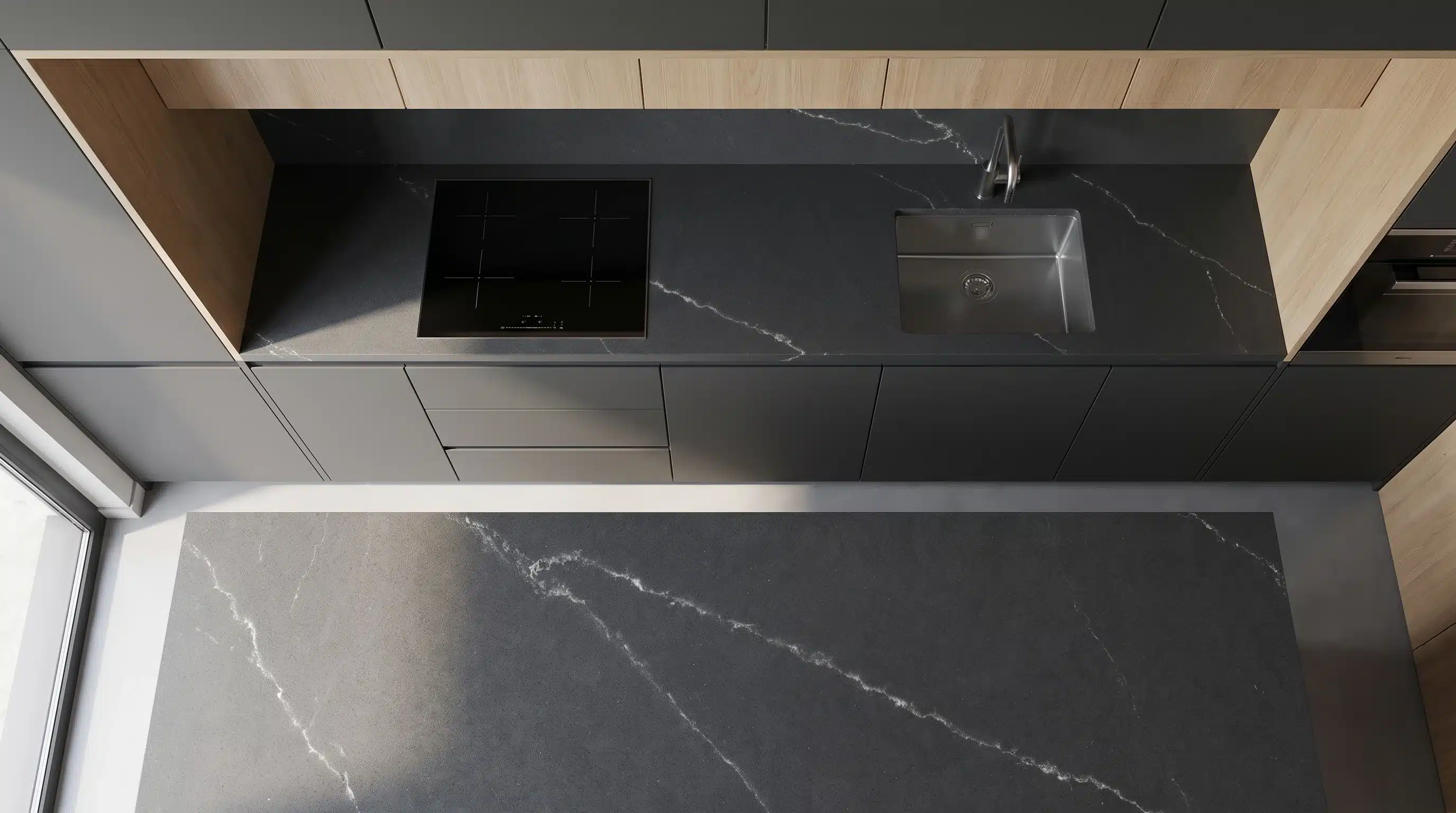 Overhead view of Zenit CQ7709 quartz worktop in a fitted kitchen