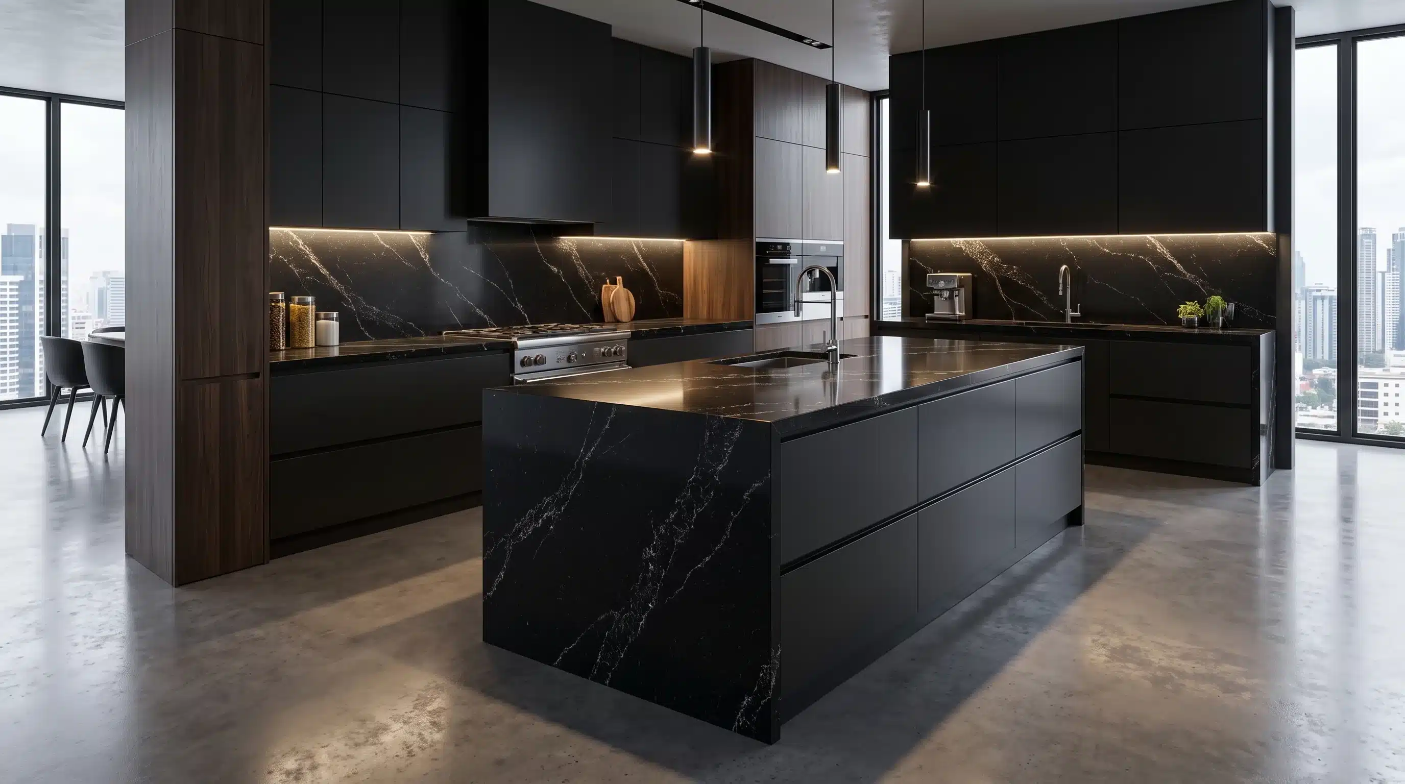 Valiente Black CQ7713 quartz worktop in a wide-angle kitchen setting