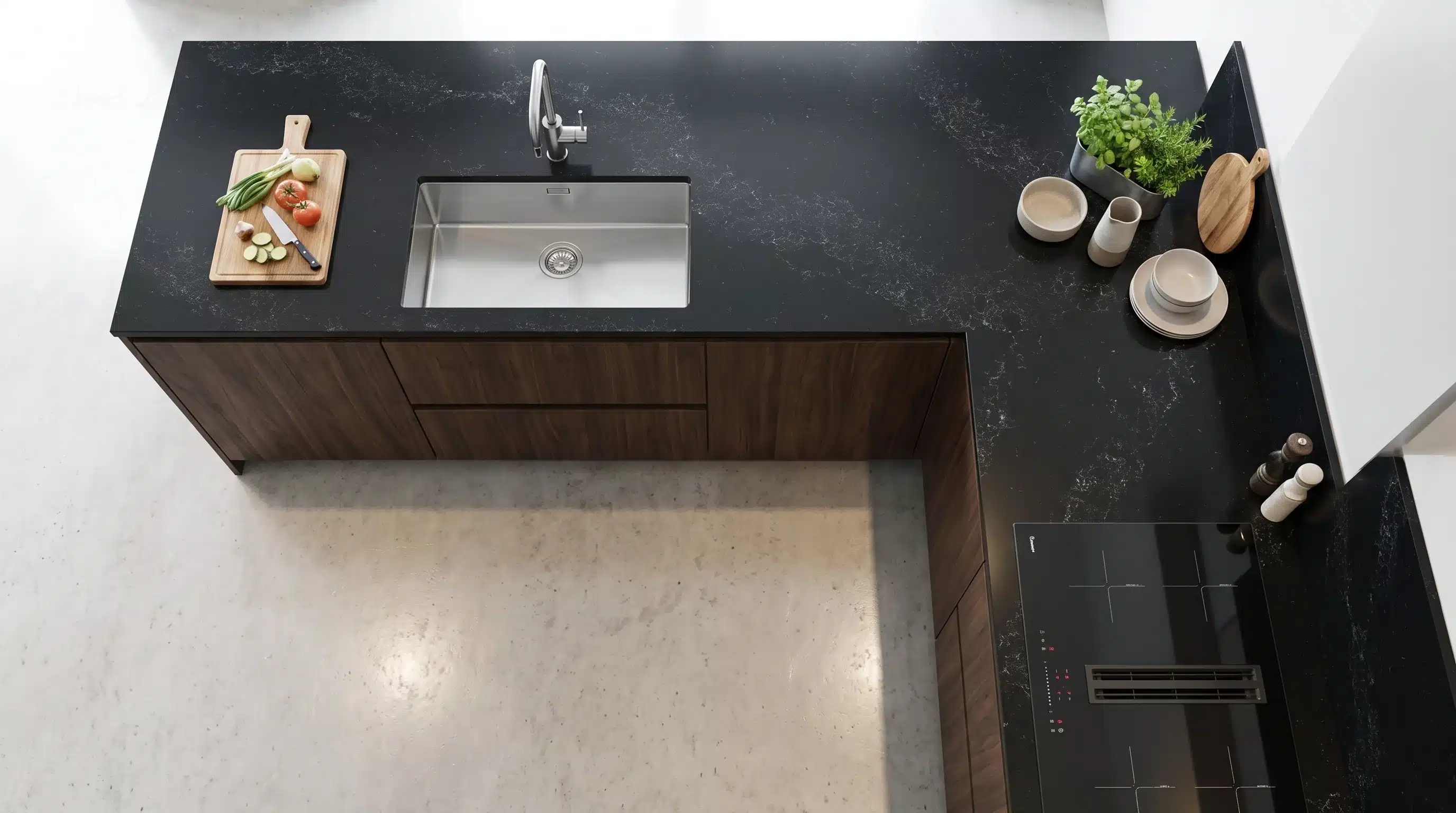 Overhead view of Valiente Black CQ7713 quartz worktop in a fitted kitchen