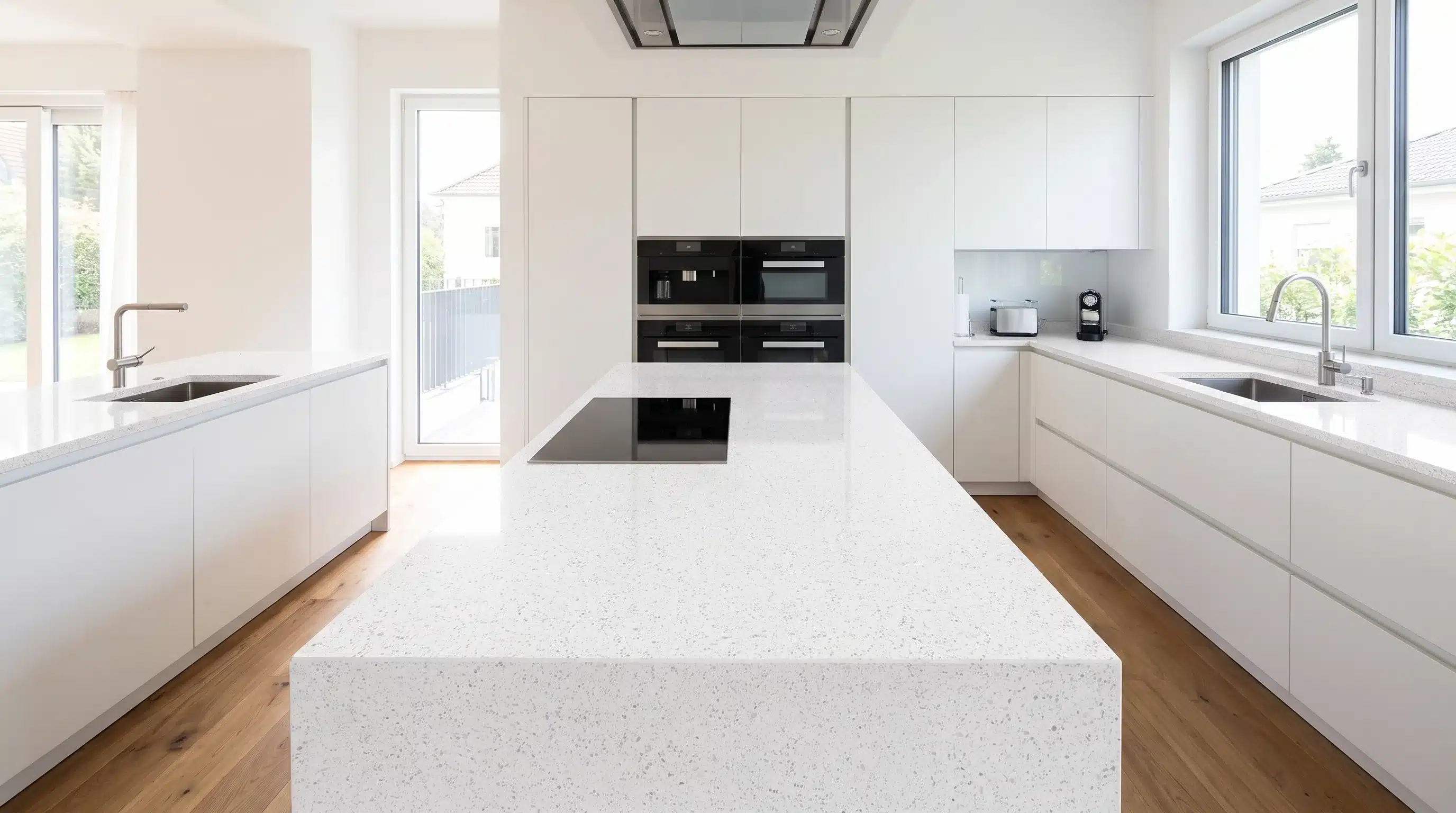 Brillo Branco CQB011 quartz worktop in a wide-angle kitchen setting