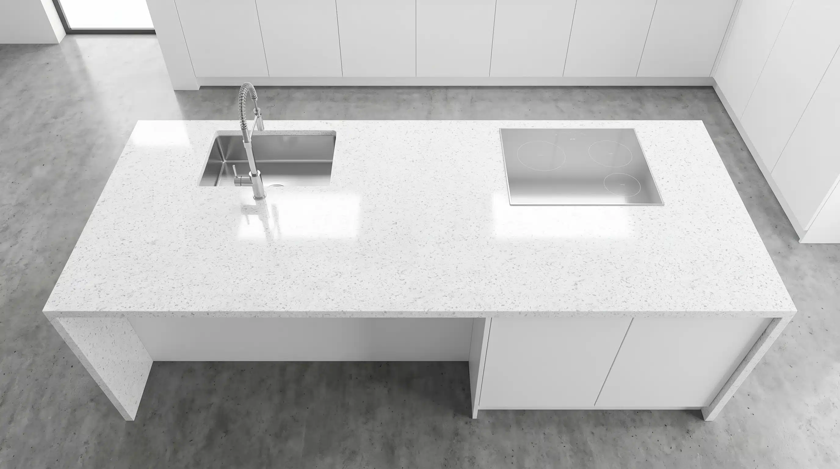 Overhead view of Brillo Branco CQB011 quartz worktop in a fitted kitchen