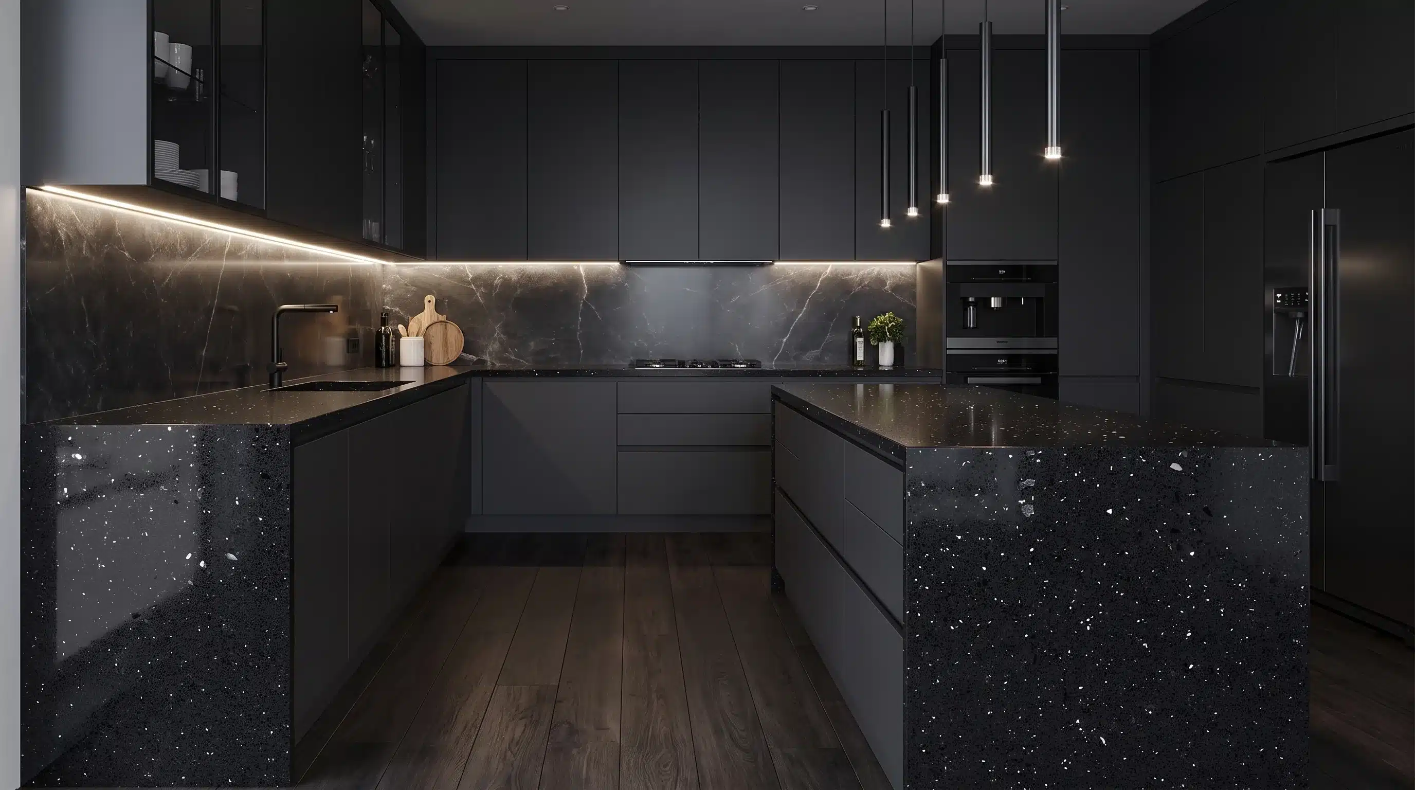 Brillo Noir CQB020 quartz worktop in a wide-angle kitchen setting