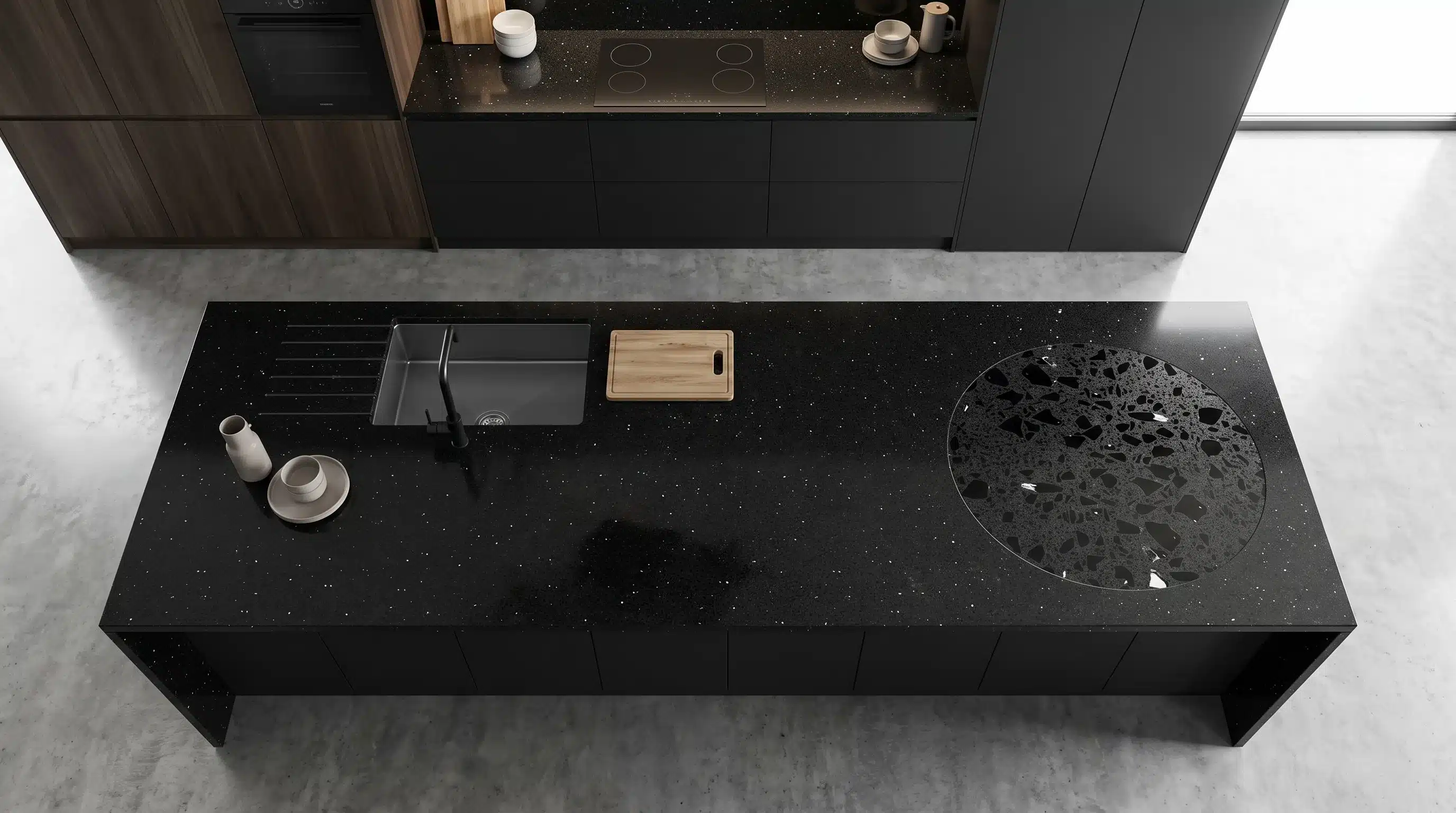 Overhead view of Brillo Noir CQB020 quartz worktop in a fitted kitchen
