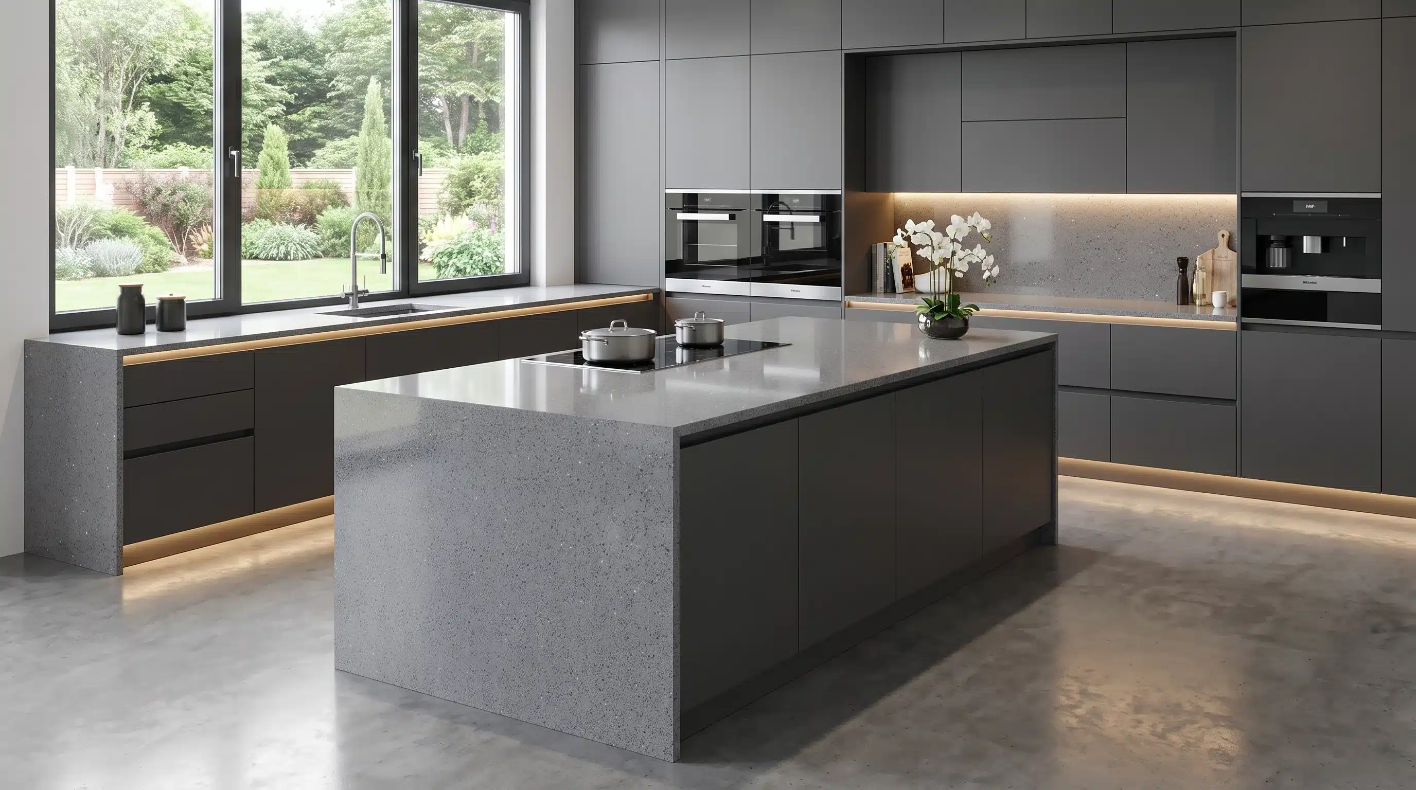 Brillo Gris CQB030 quartz worktop in a wide-angle kitchen setting