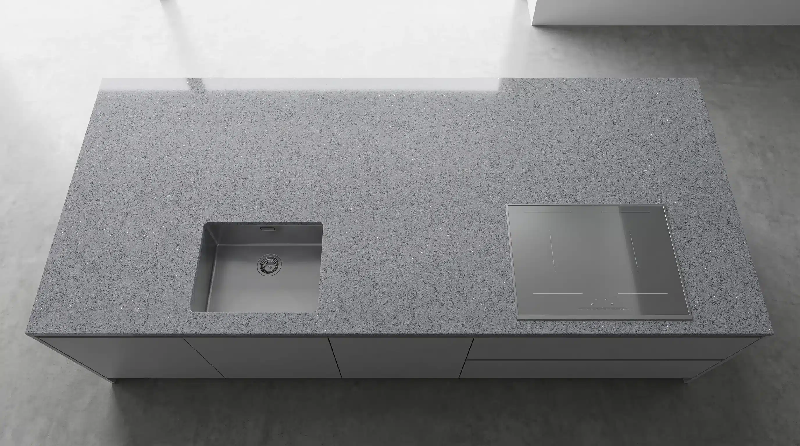 Overhead view of Brillo Gris CQB030 quartz worktop in a fitted kitchen