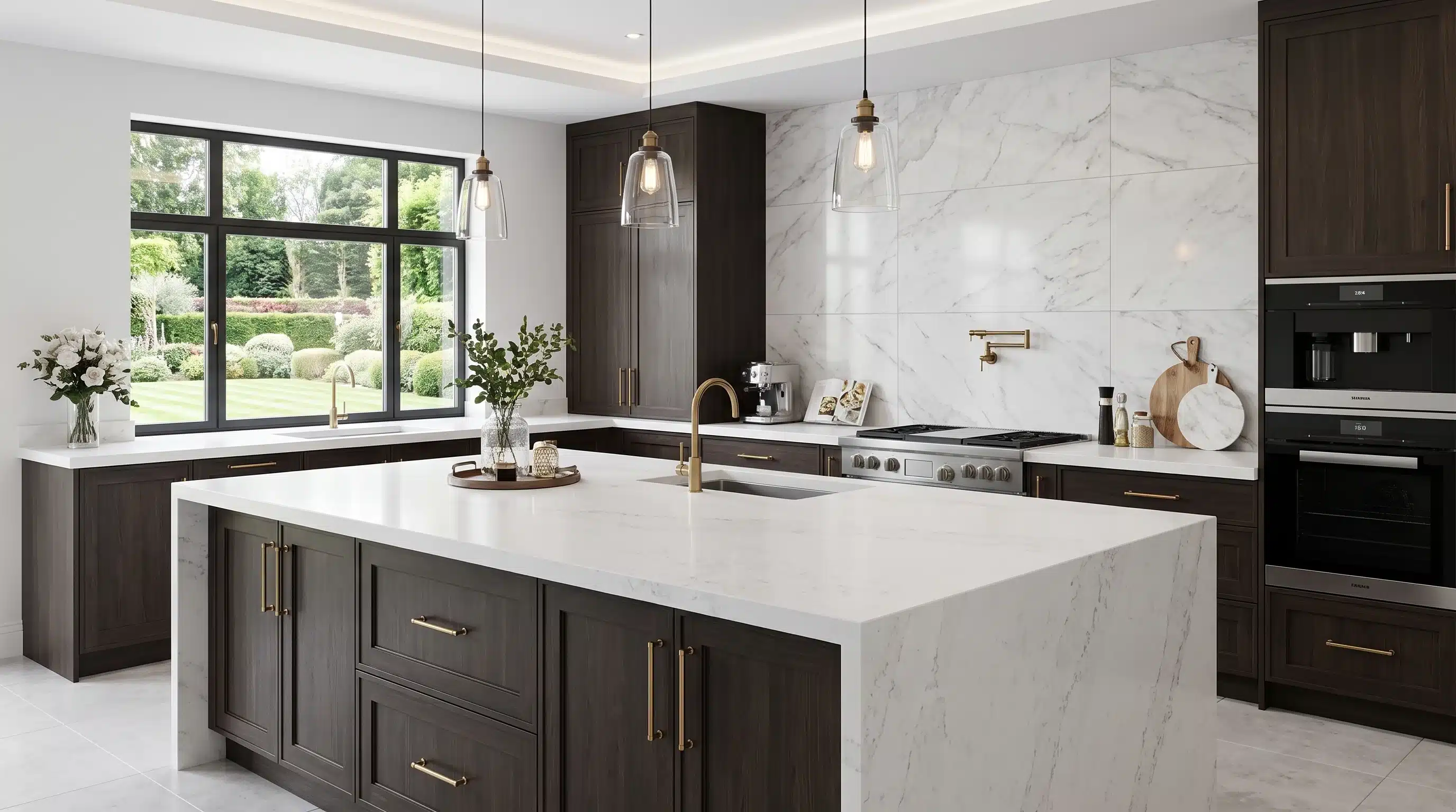 Branco Cinzento CQC100 quartz worktop in a wide-angle kitchen setting