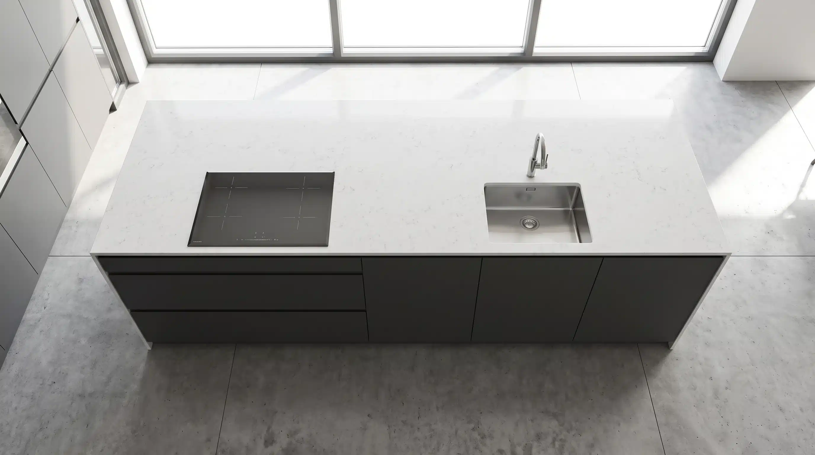 Overhead view of Branco Cinzento CQC100 quartz worktop in a fitted kitchen