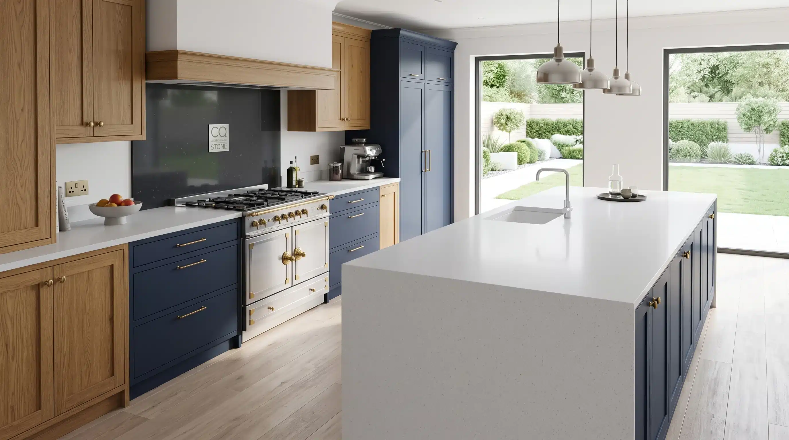 Ice Branco CQC120 quartz worktop in a wide-angle kitchen setting