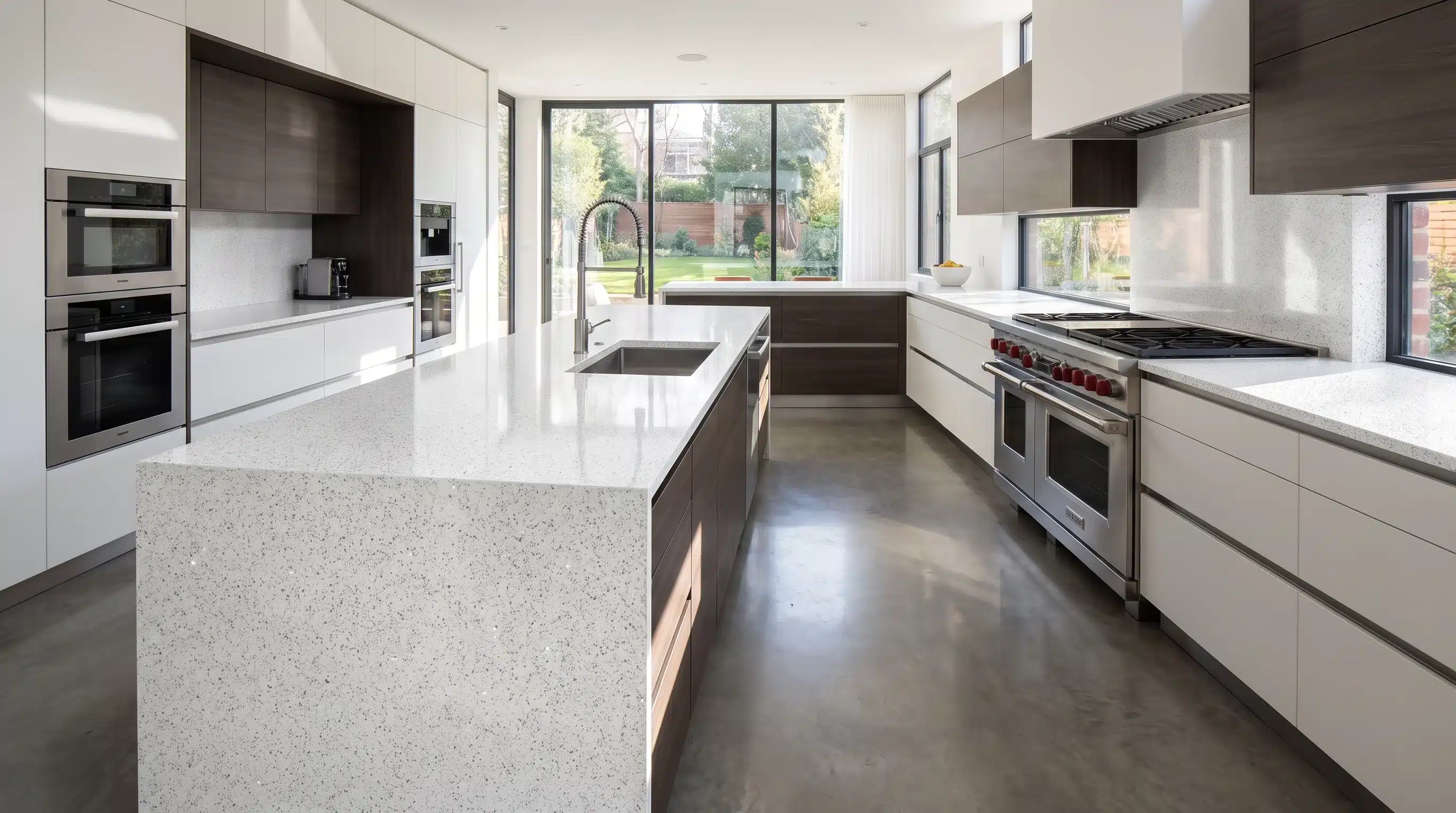 Glitter Branco CQC122 quartz worktop in a wide-angle kitchen setting