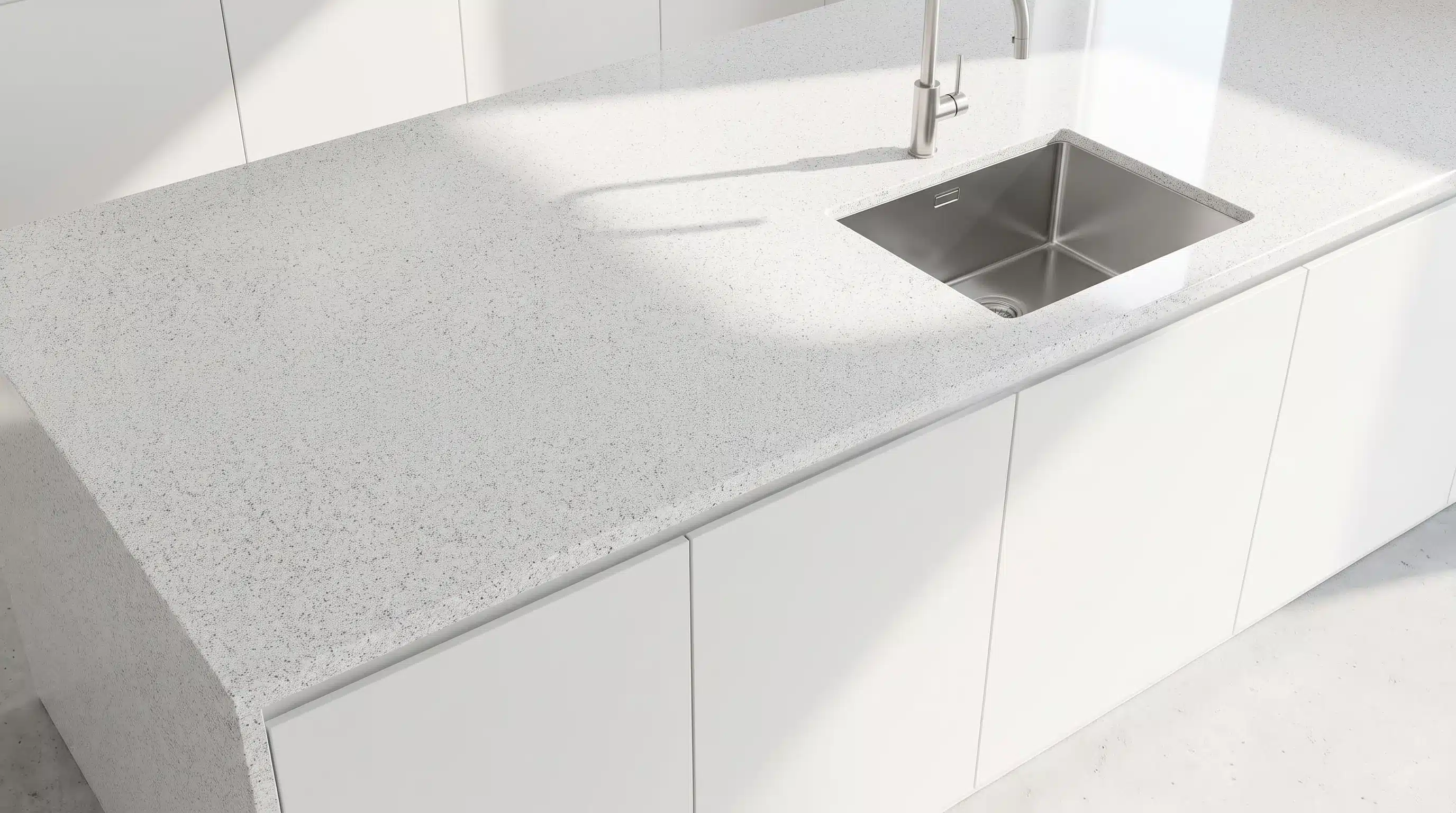 Overhead view of Glitter Branco CQC122 quartz worktop in a fitted kitchen