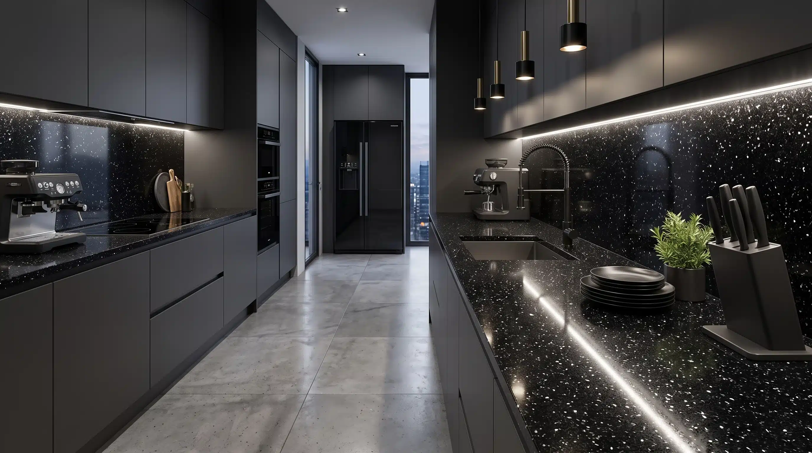 Glitter Noir CQC137 quartz worktop in a wide-angle kitchen setting