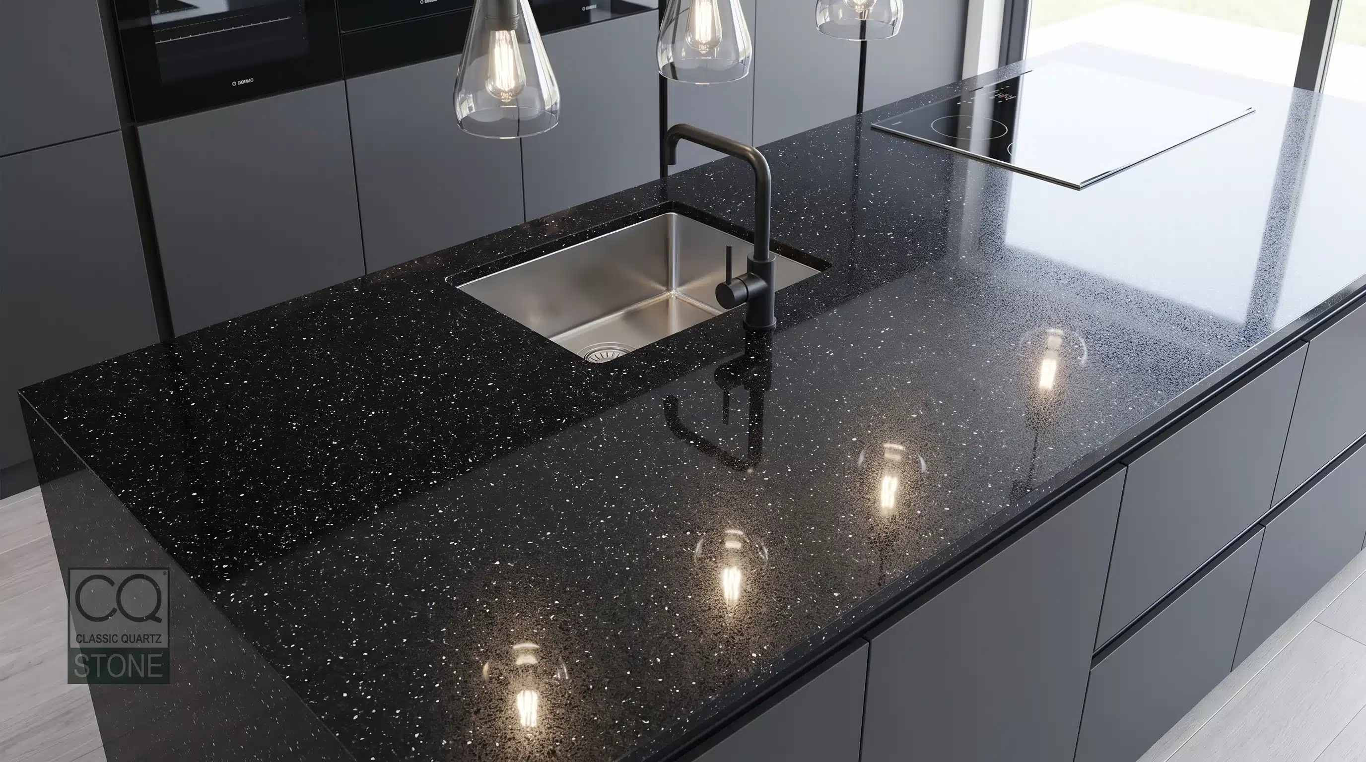 Overhead view of Glitter Noir CQC137 quartz worktop in a fitted kitchen
