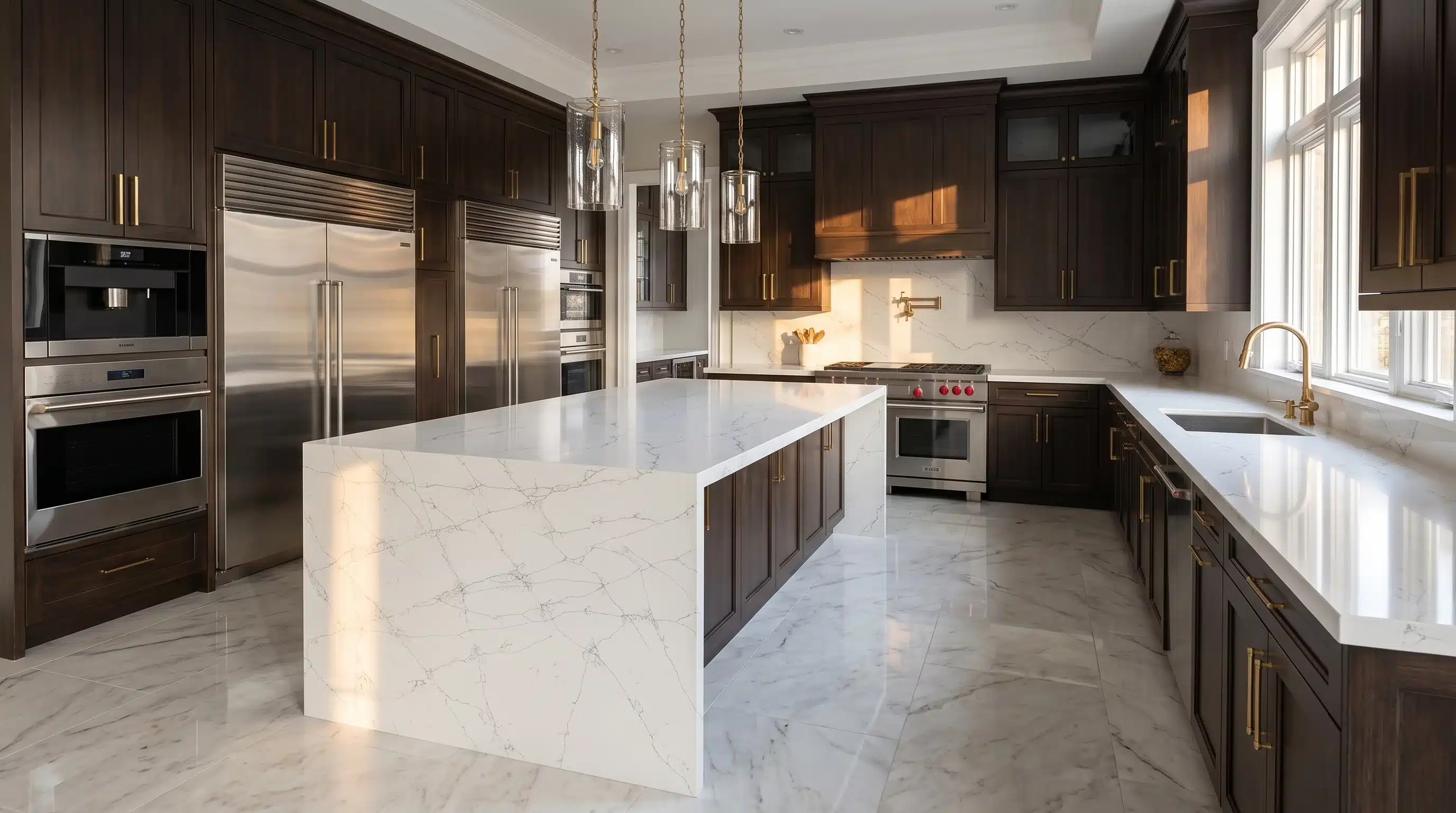 Bianco Drift CQC139 quartz worktop in a wide-angle kitchen setting