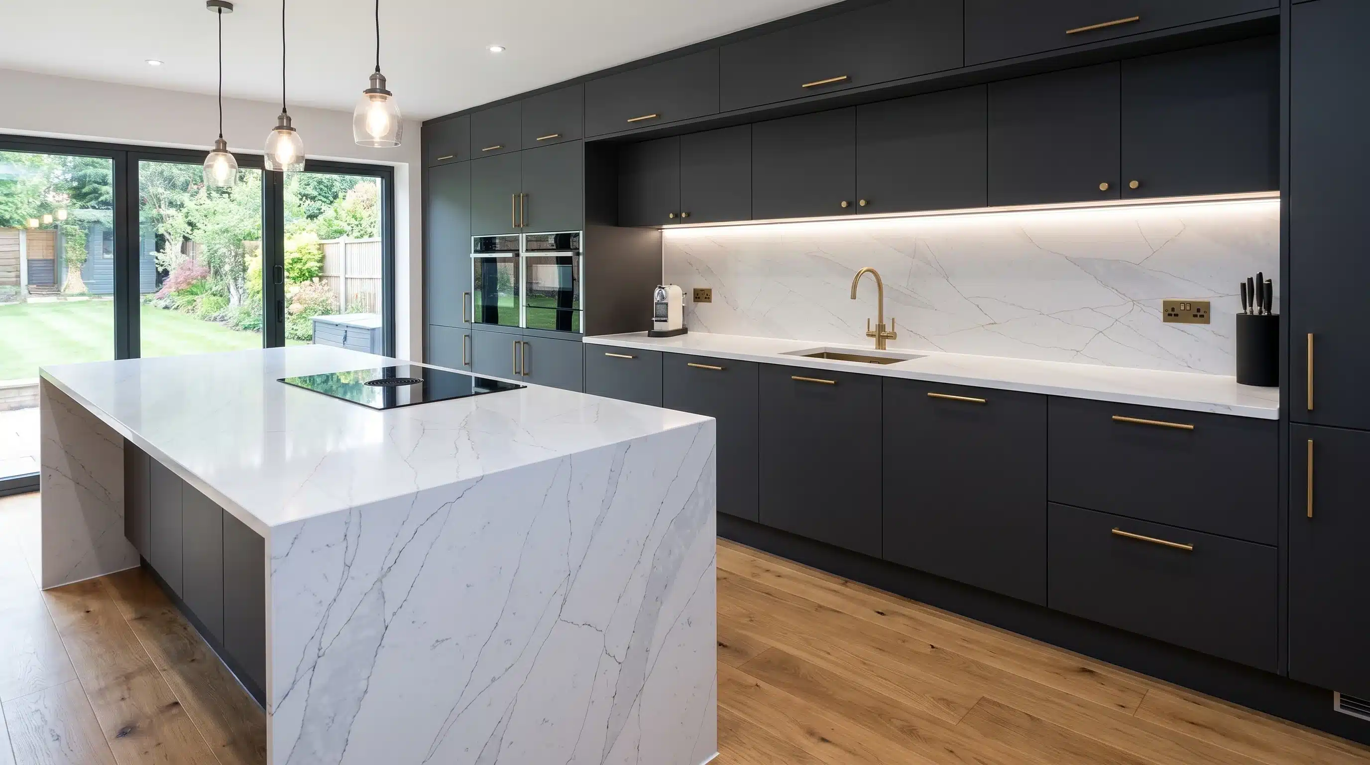 Calacatta Blue CQC140 quartz worktop in a wide-angle kitchen setting
