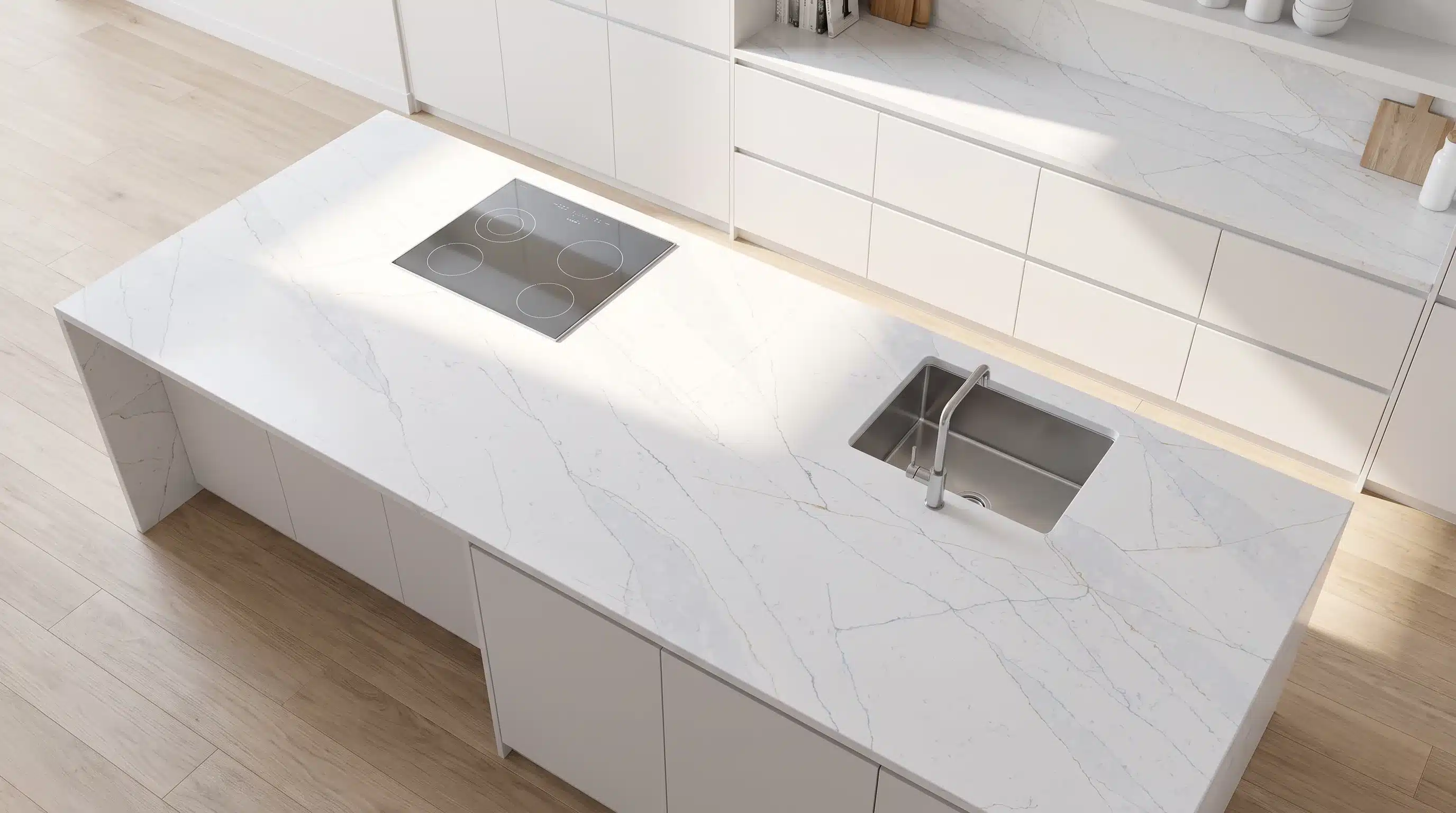 Overhead view of Calacatta Blue CQC140 quartz worktop in a fitted kitchen