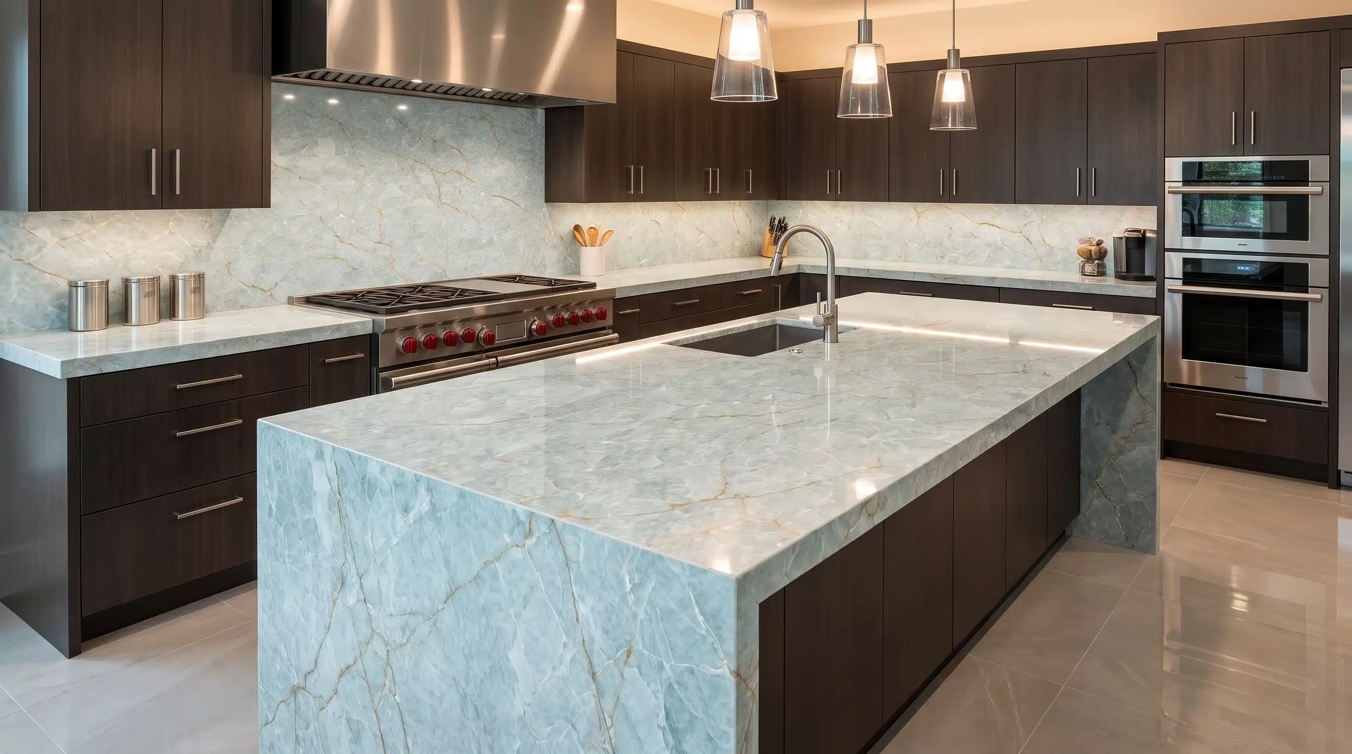 Neptune CQC143 quartz worktop in a wide-angle kitchen setting