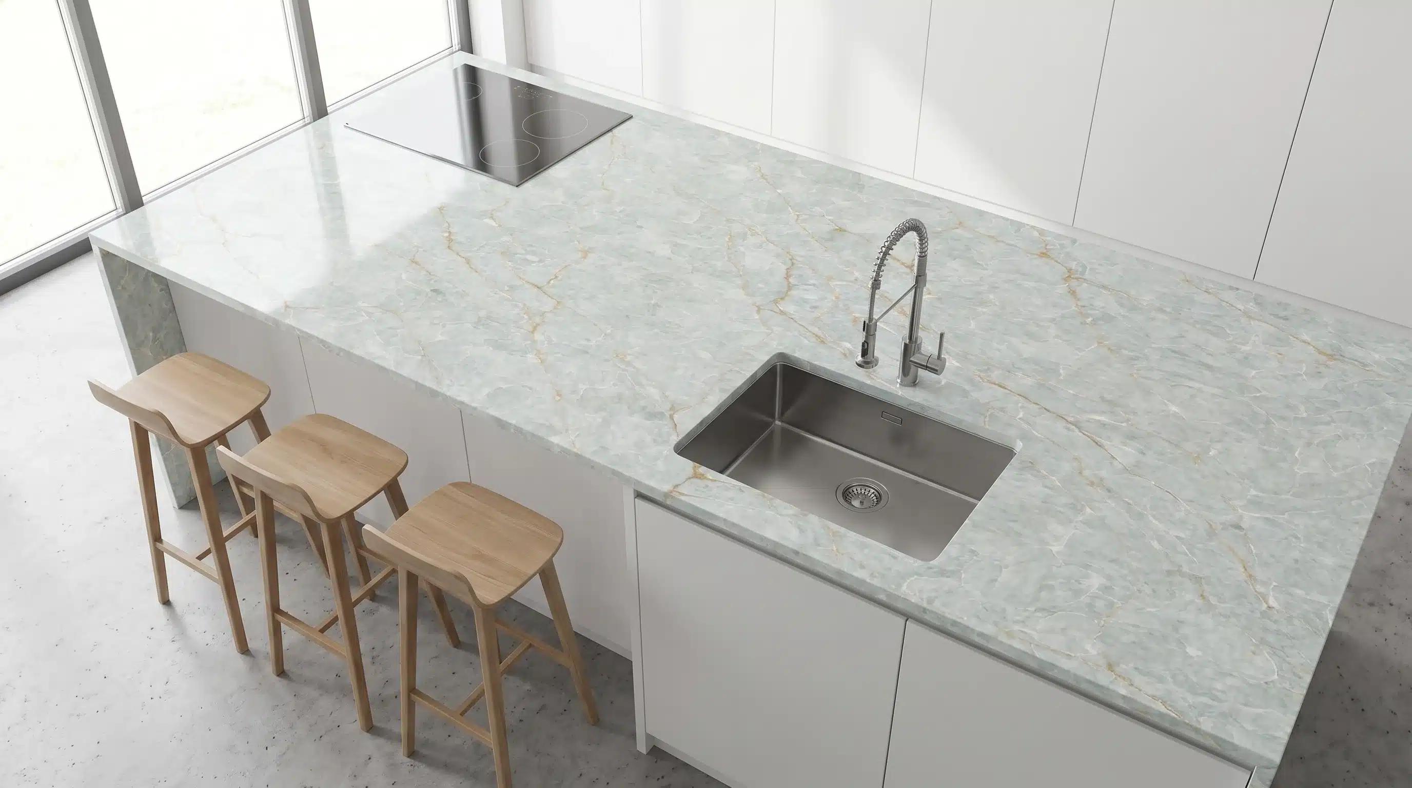 Overhead view of Neptune CQC143 quartz worktop in a fitted kitchen