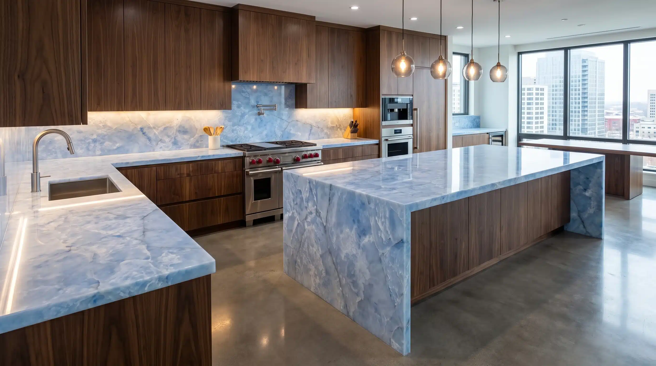 Sky Blue CQC144 quartz worktop in a wide-angle kitchen setting