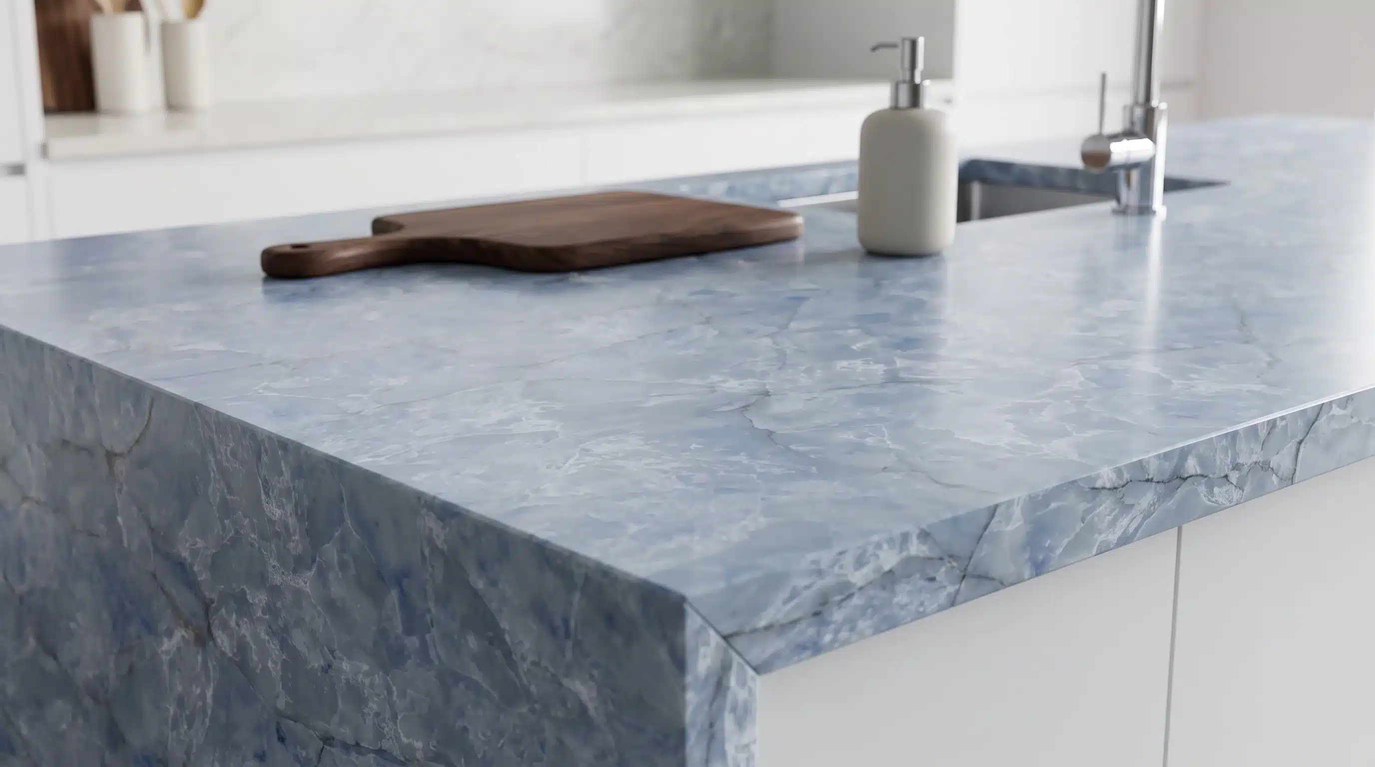 Close-up of Sky Blue CQC144 quartz worktop surface detail