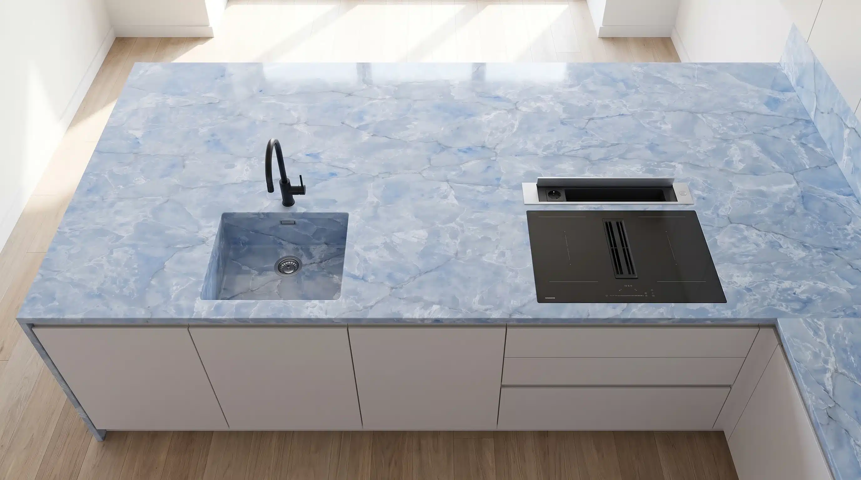 Overhead view of Sky Blue CQC144 quartz worktop in a fitted kitchen