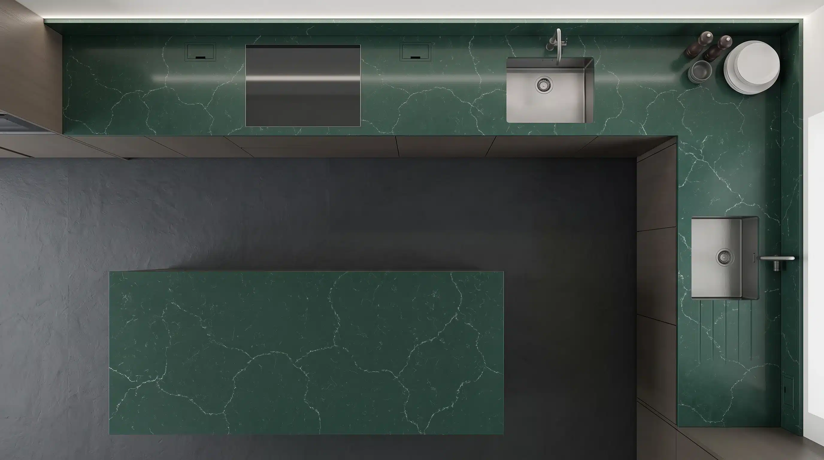 Overhead view of Mystery Jade CQC145 quartz worktop in a fitted kitchen