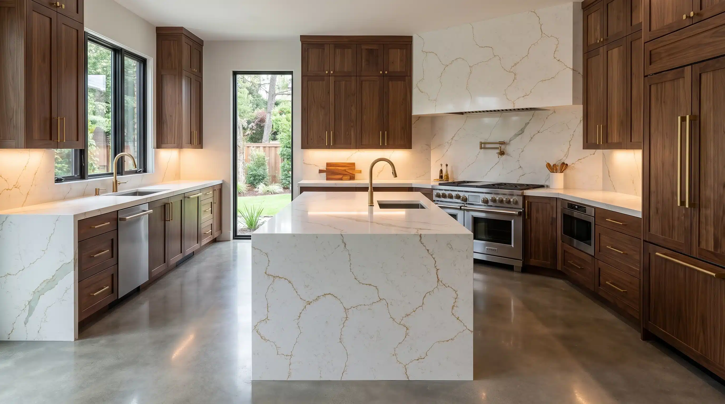 Mystery Gold Jade CQC146 quartz worktop in a wide-angle kitchen setting