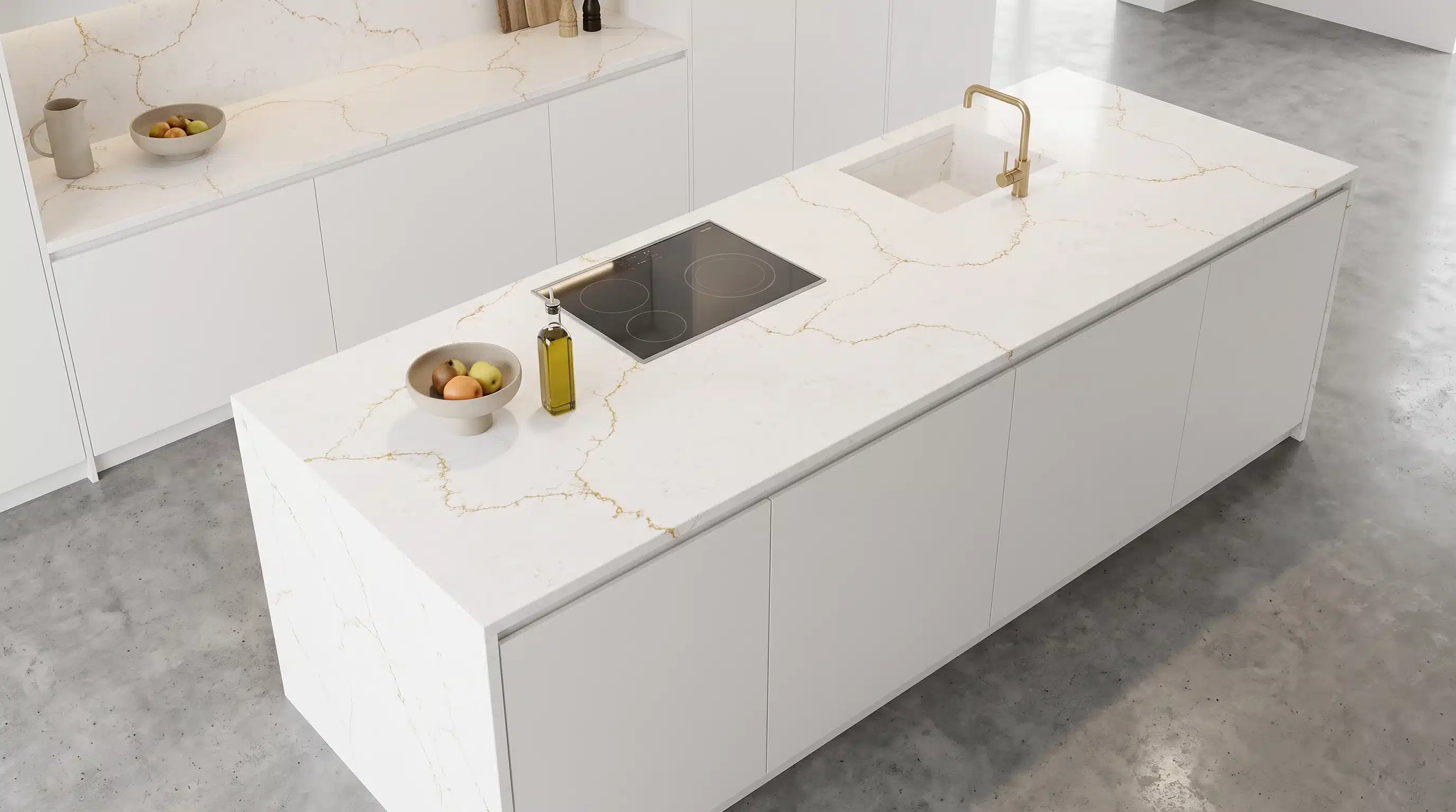 Overhead view of Mystery Gold Jade CQC146 quartz worktop in a fitted kitchen