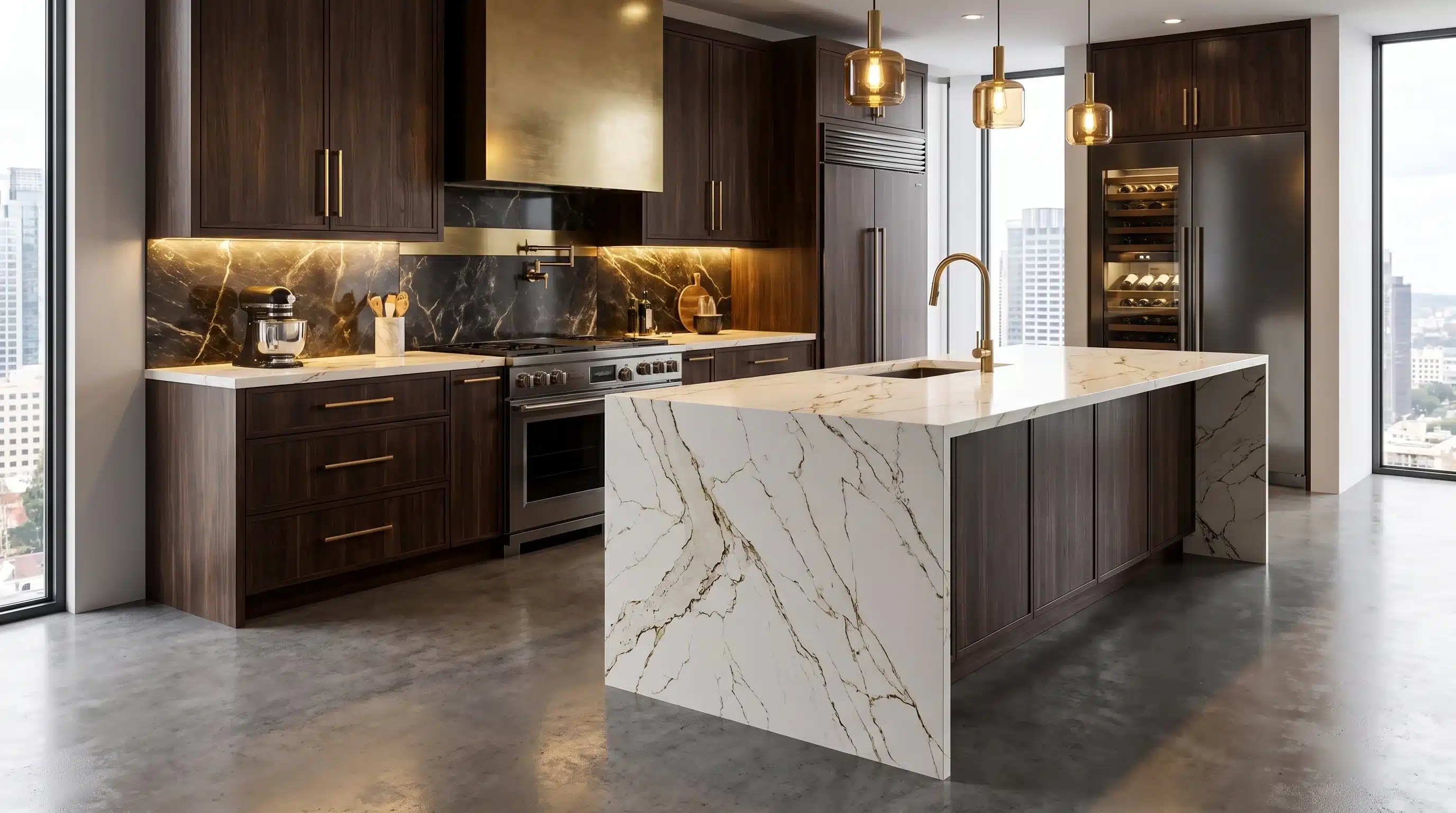 Golden Thunder CQC147 quartz worktop in a wide-angle kitchen setting