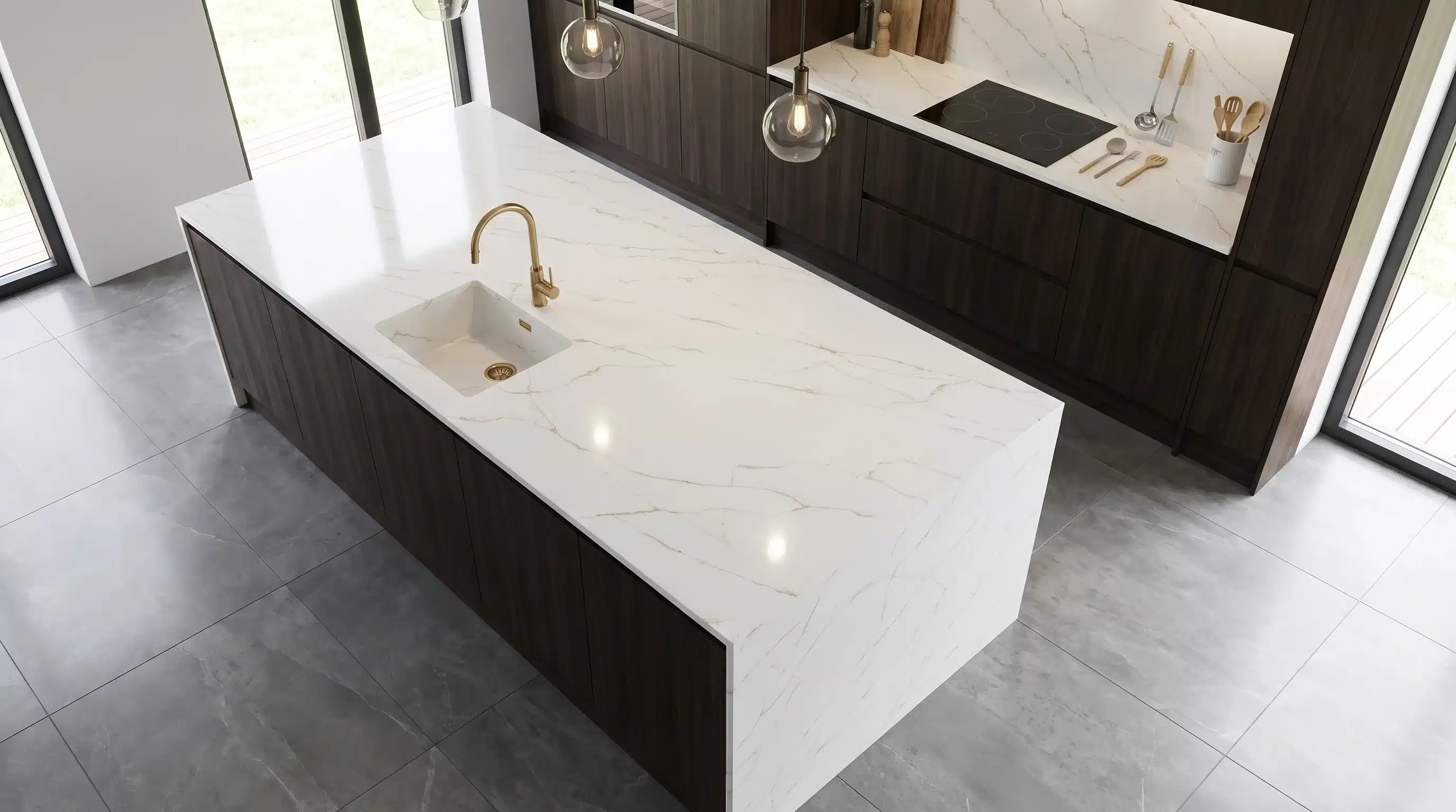 Overhead view of Golden Thunder CQC147 quartz worktop in a fitted kitchen