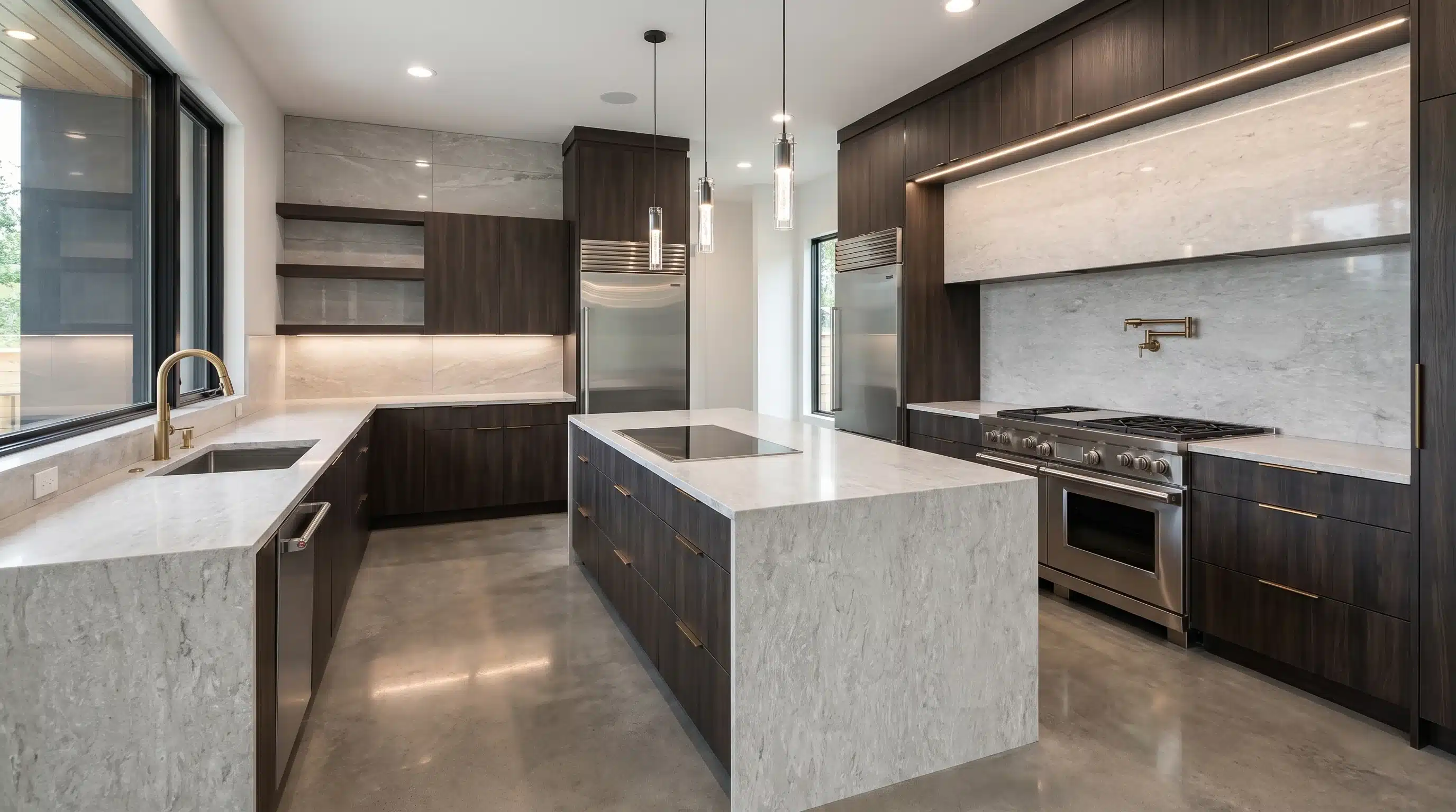 Grey Fusion L CQL472 quartz worktop in a wide-angle kitchen setting