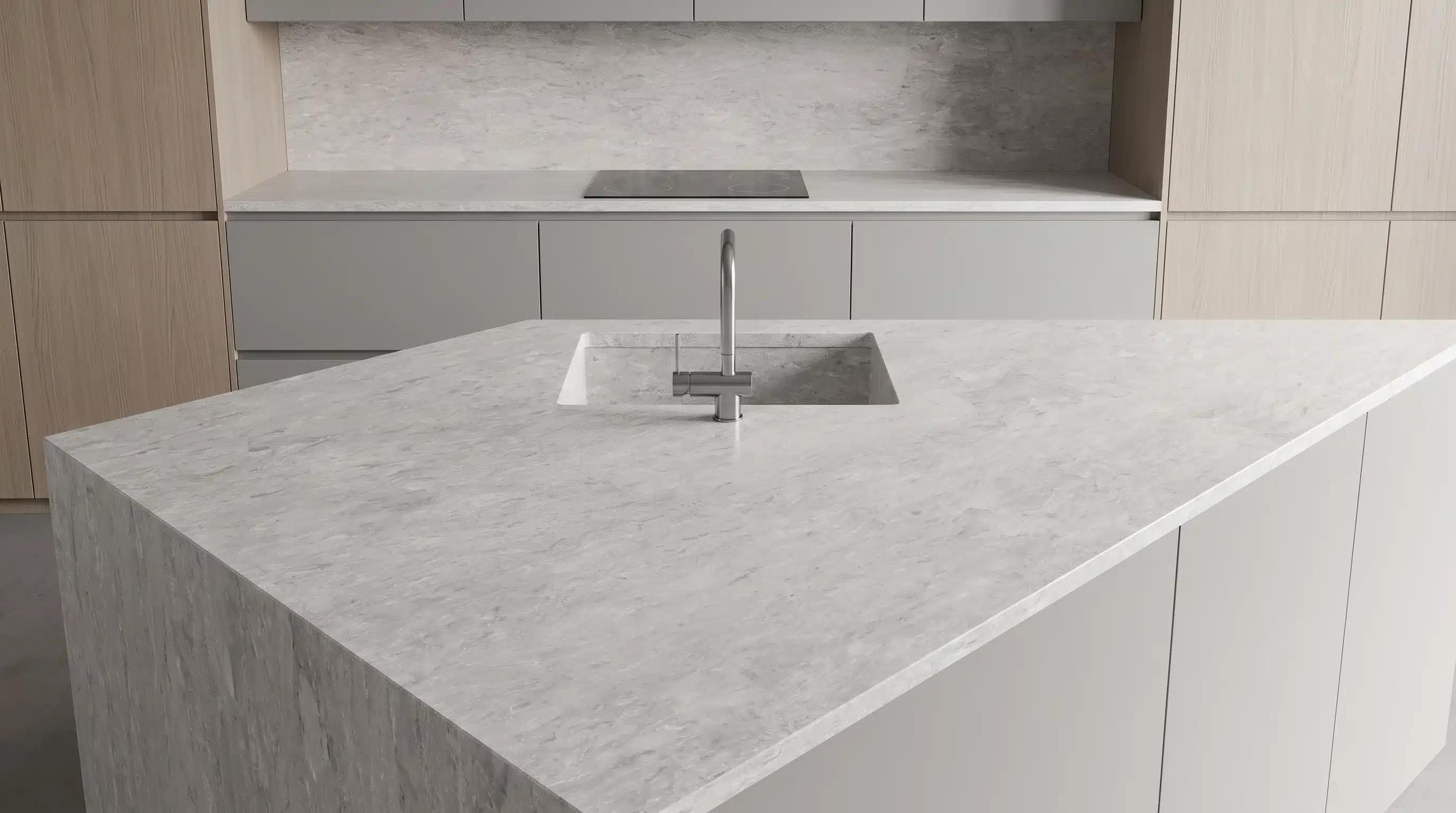 Overhead view of Grey Fusion L CQL472 quartz worktop in a fitted kitchen