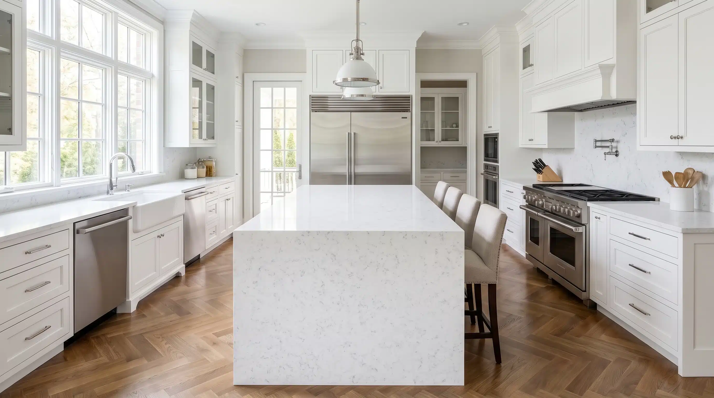 Marble Carrara CQM300 quartz worktop in a wide-angle kitchen setting