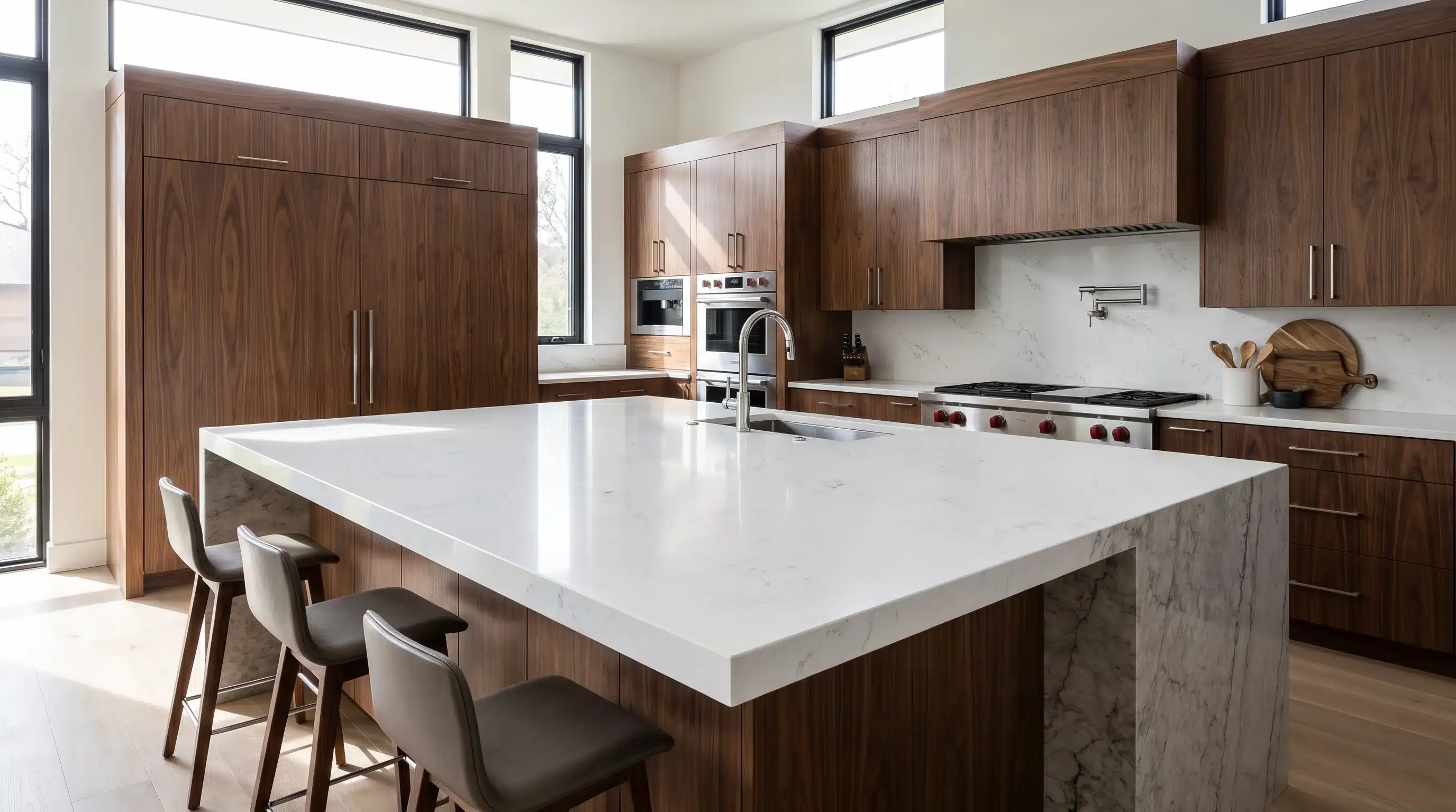 San Vincente CQM301 quartz worktop in a wide-angle kitchen setting