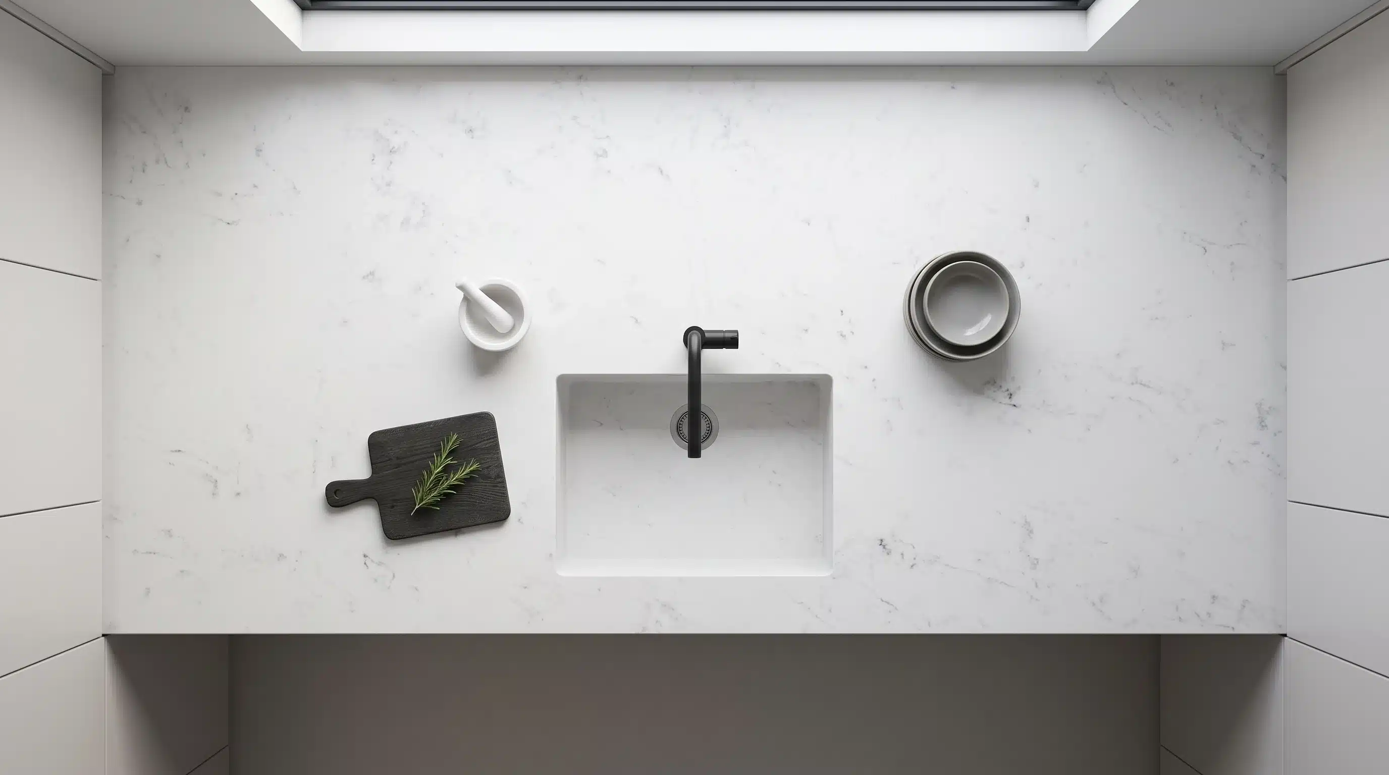Overhead view of San Vincente CQM301 quartz worktop in a fitted kitchen
