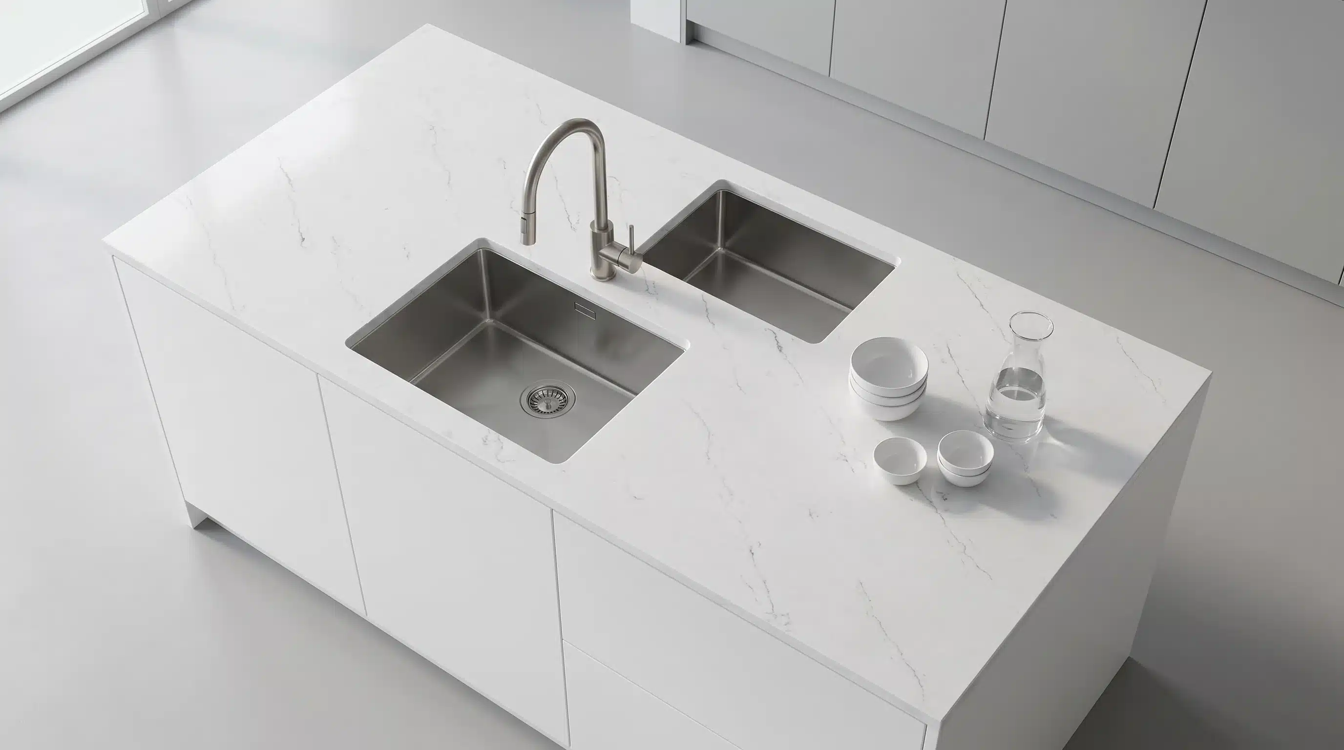 Overhead view of Olympia CQM302 quartz worktop in a fitted kitchen